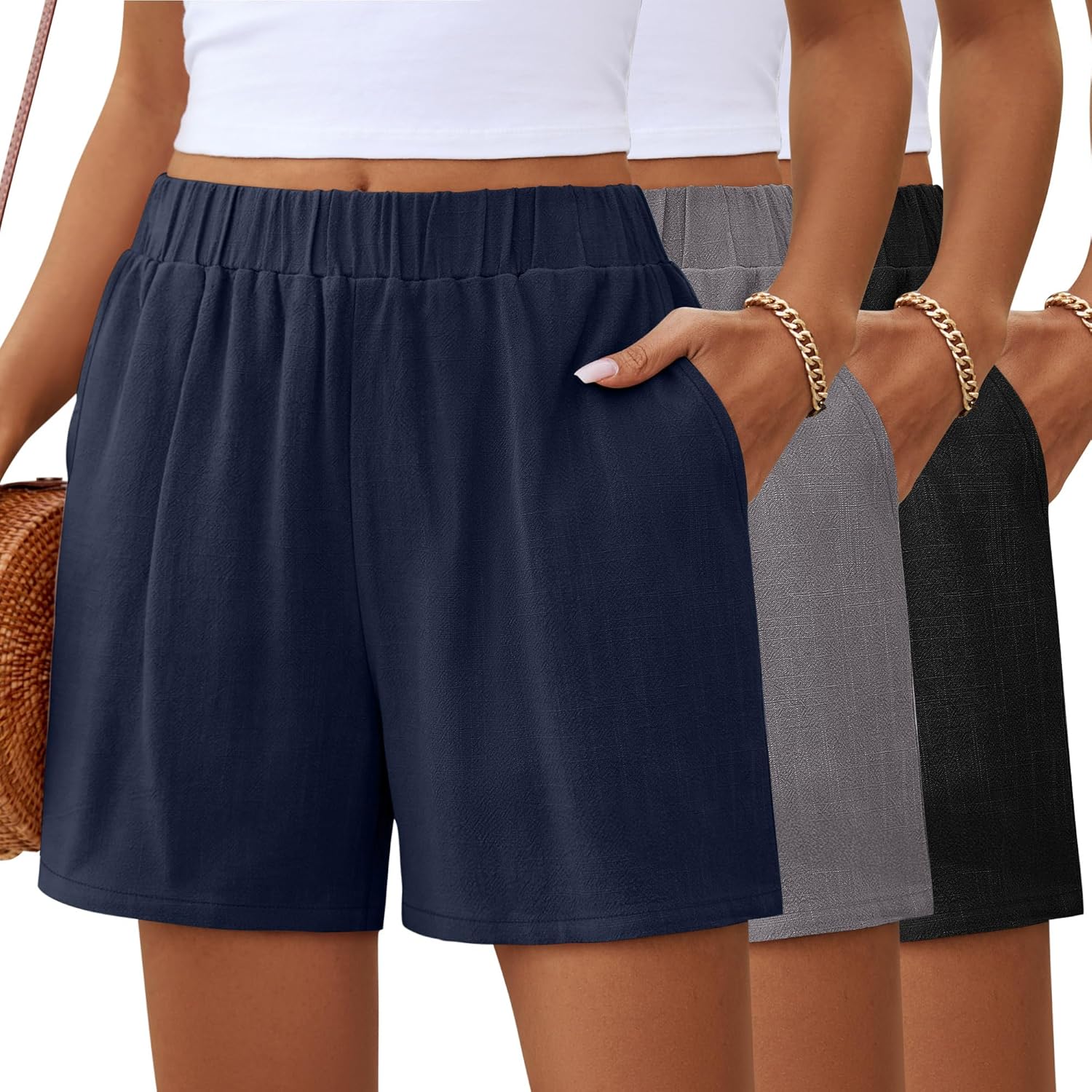 Ficerd 3 Pack Women's Casual Linen Shorts,Pleated High Waist Wide Leg Summer Elastic Comfy Trendy Shorts with Pockets