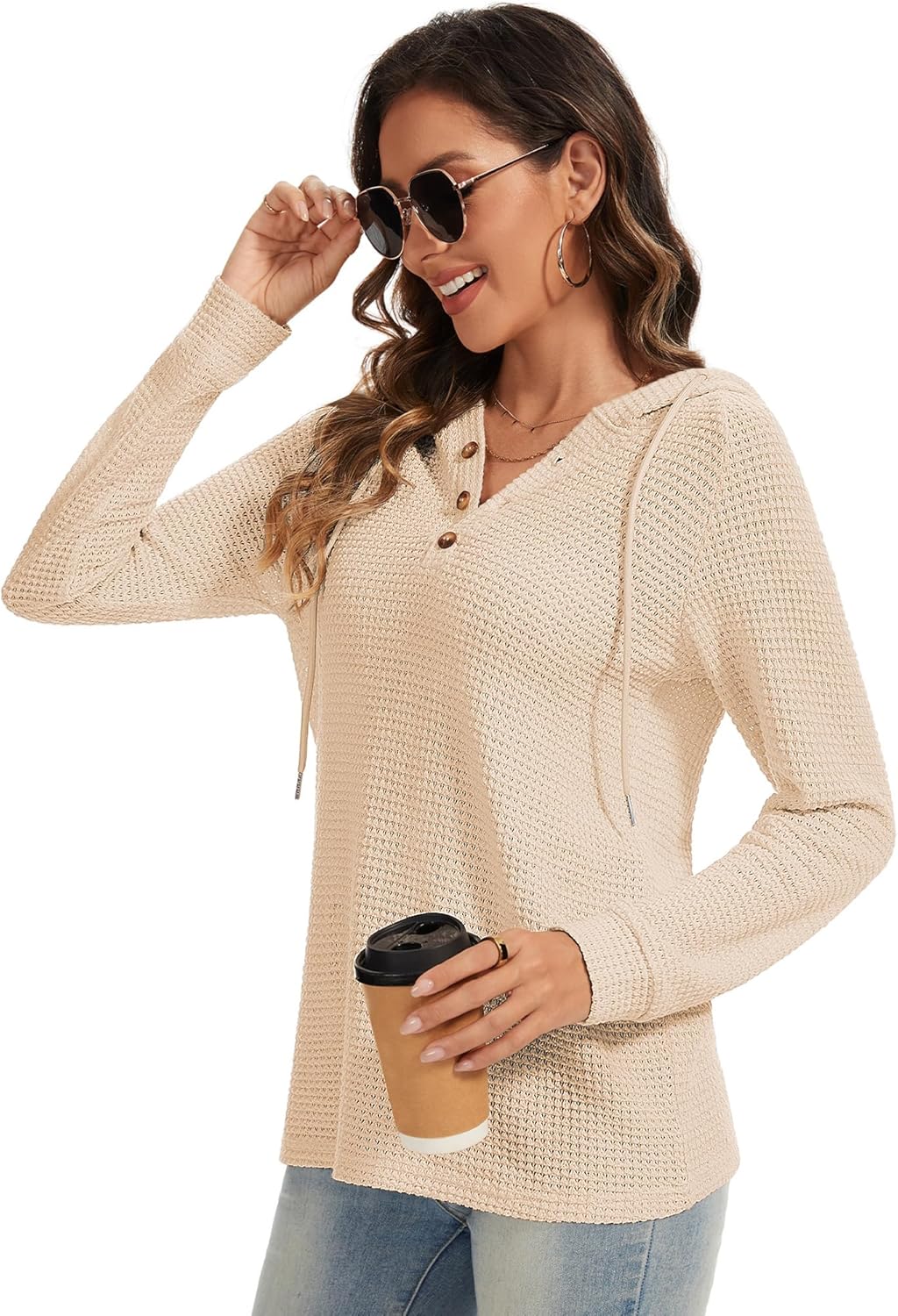 Hoodies for Women Waffle Knit V Neck Oversized Sweatshirt Button Down Drawstring Hooded Pullover Tops for Fall 2025 - Image 4