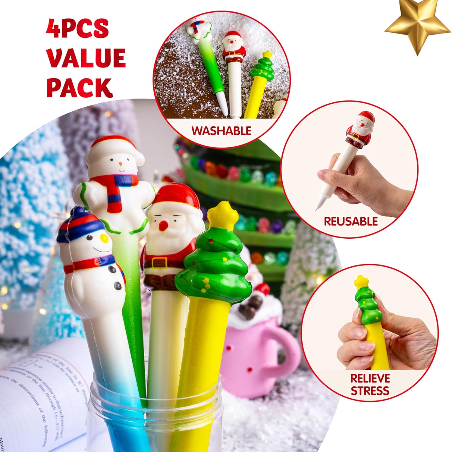 JOYIN 4 PCS Christmas Squeeze Pens Bulk For Kids, Stress Reliever Anxiety Ballpoint Pen for Xmas Party Favors, Christmas Stocking Stuffers For Students Classroom Prize Gifts, Goodie Bag Fillers