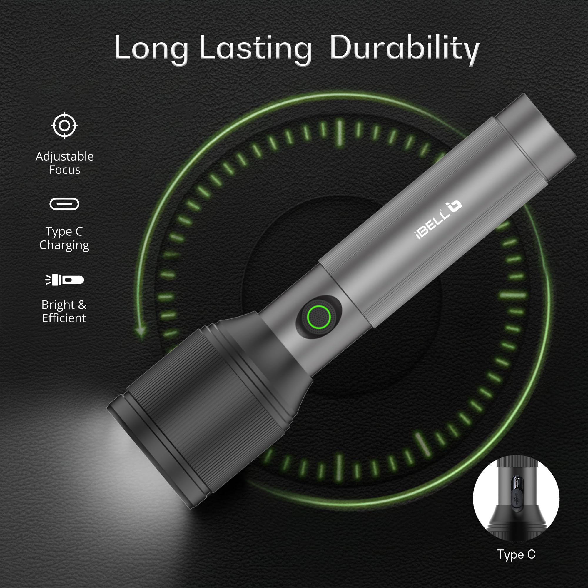 IBELL LUMINEX 850 Rechargeable Torch Light High Power,3 Light Modes,15w, 2200mah battery, Telescopic Zoom, Type C Charging, LED Flashlight, Long-Distance Range, for Home,Outdoor & Emergency Use (Grey) 2