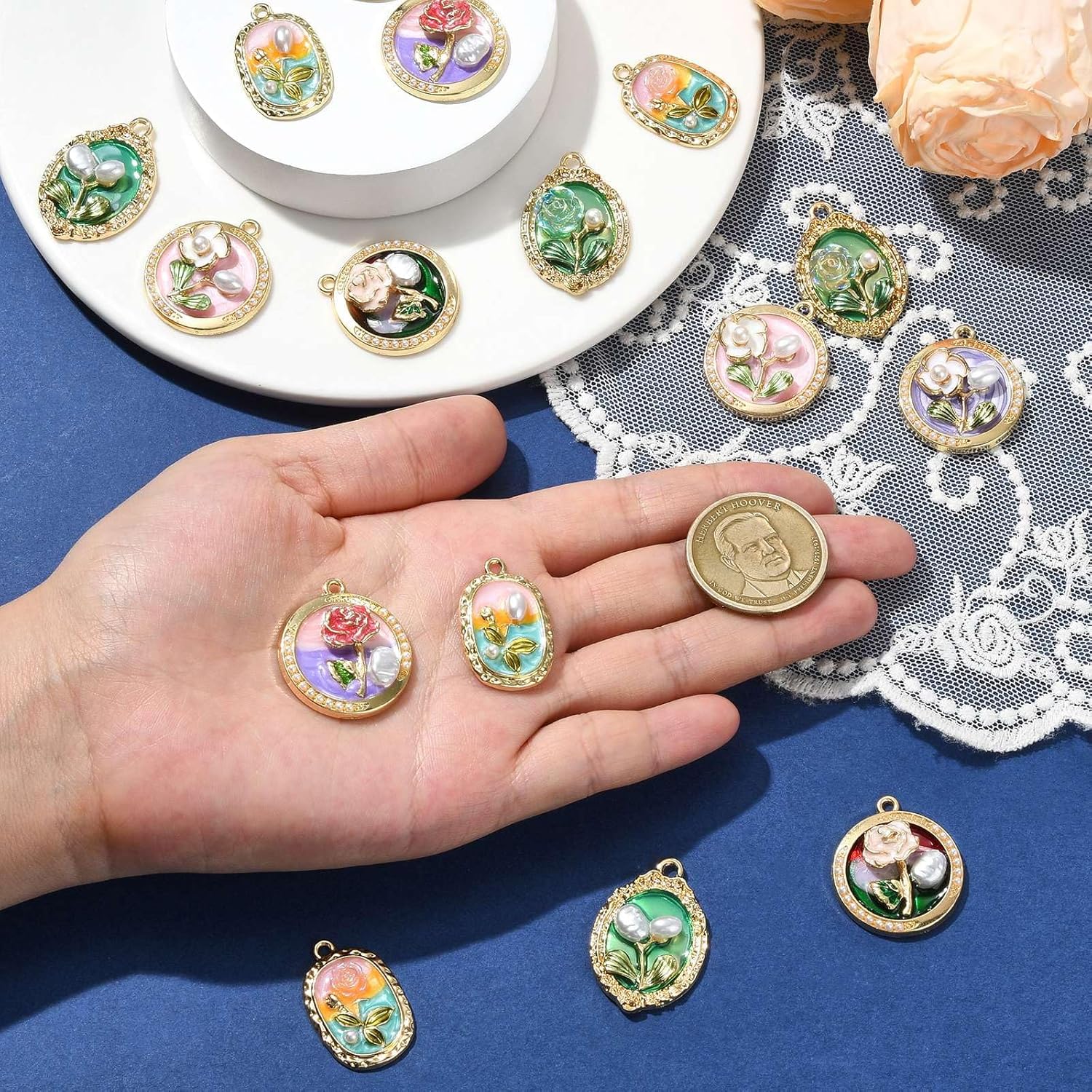 KitBeads 16Pcs 8 Styles Enamel Baroque Flower Charms Oval Shaped Pearl Flower Charms for Jewelry Making Bracelets Earrings Necklaces Crafts - Image 4
