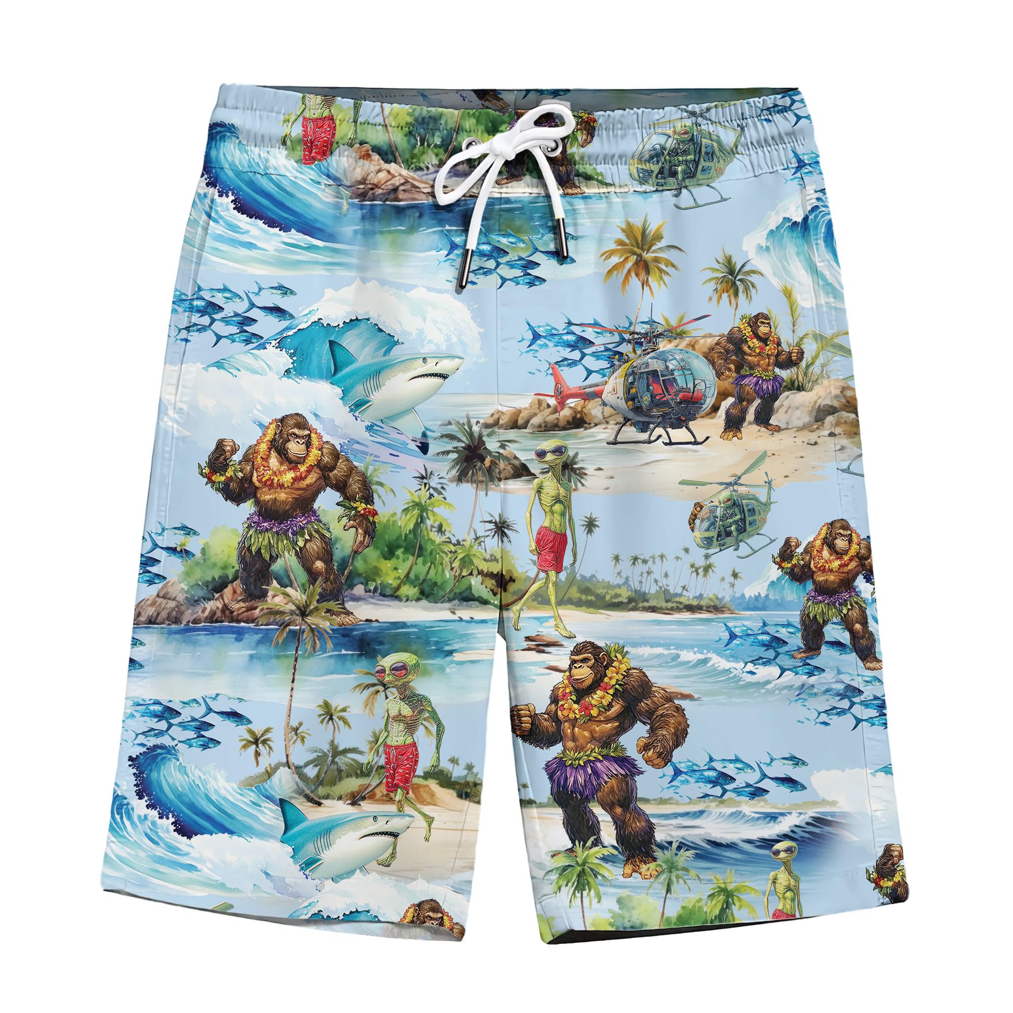 Tropical Bigfoot Alien Hawaiian Shorts for Men Shark Summer Beach Swim Trunks Hawaiian Mens Shorts Mens Shorts Men