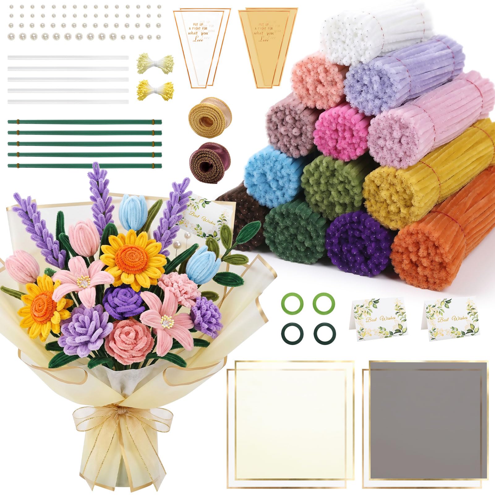 SERTAS Pipe Cleaners for Craft Flowers 800 PCS Chenille Stems with Floral Tape Stamens and Wrapping Paper for DIY Tulip Bouquets Handcrafts Party Decorations (800pcs Mixed Colors)