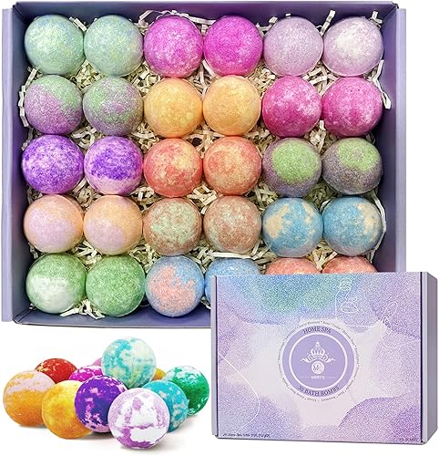 MR Bath Bombs - Juego de 30 bombas de baño relajantes para mujeres, bomba de baño hecha a mano con aceites esenciales naturales, kit de regalo