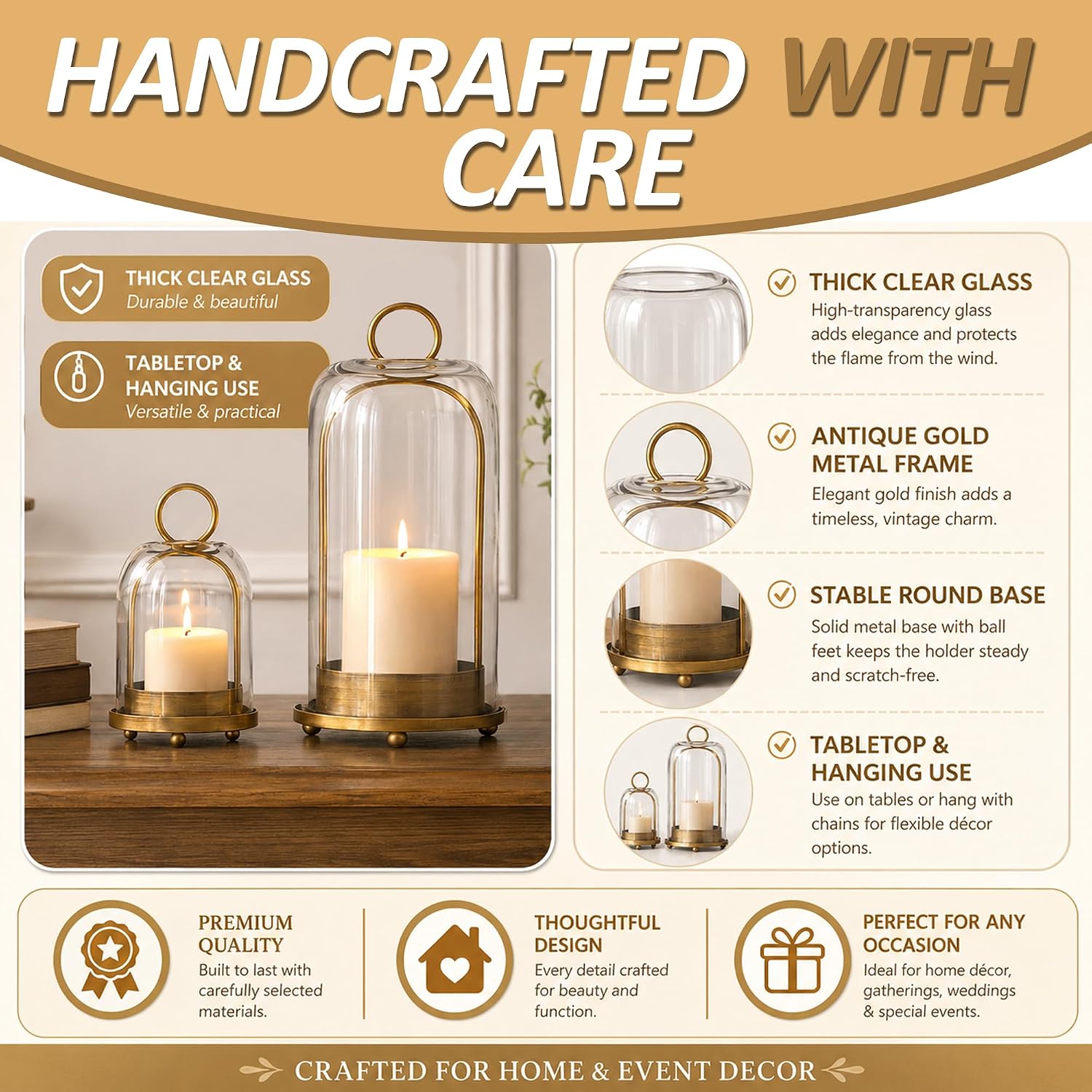 Hurricane Glass Candle Holders Set of 2, Vintage Brass Metal Candle Lanterns with Clear Glass Dome, Hanging or Tabletop Candle Holder for Pillar Candles, Fireplace Mantel & Table Decor