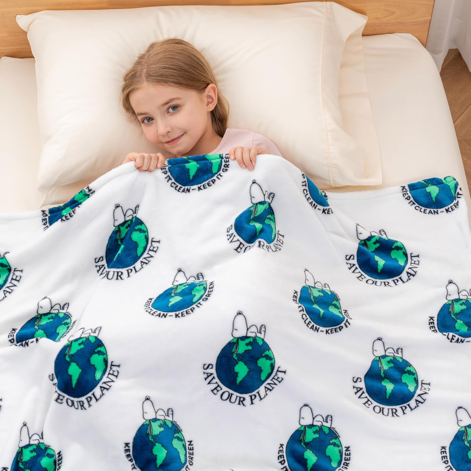 Berkshire Blanket Peanuts® VelvetLoft® Cute Character Snoopy Plush Oversized Kids Throw Blanket, Snoopy Keep it Clean Keep it Green White (50in x 60in) - Image 5