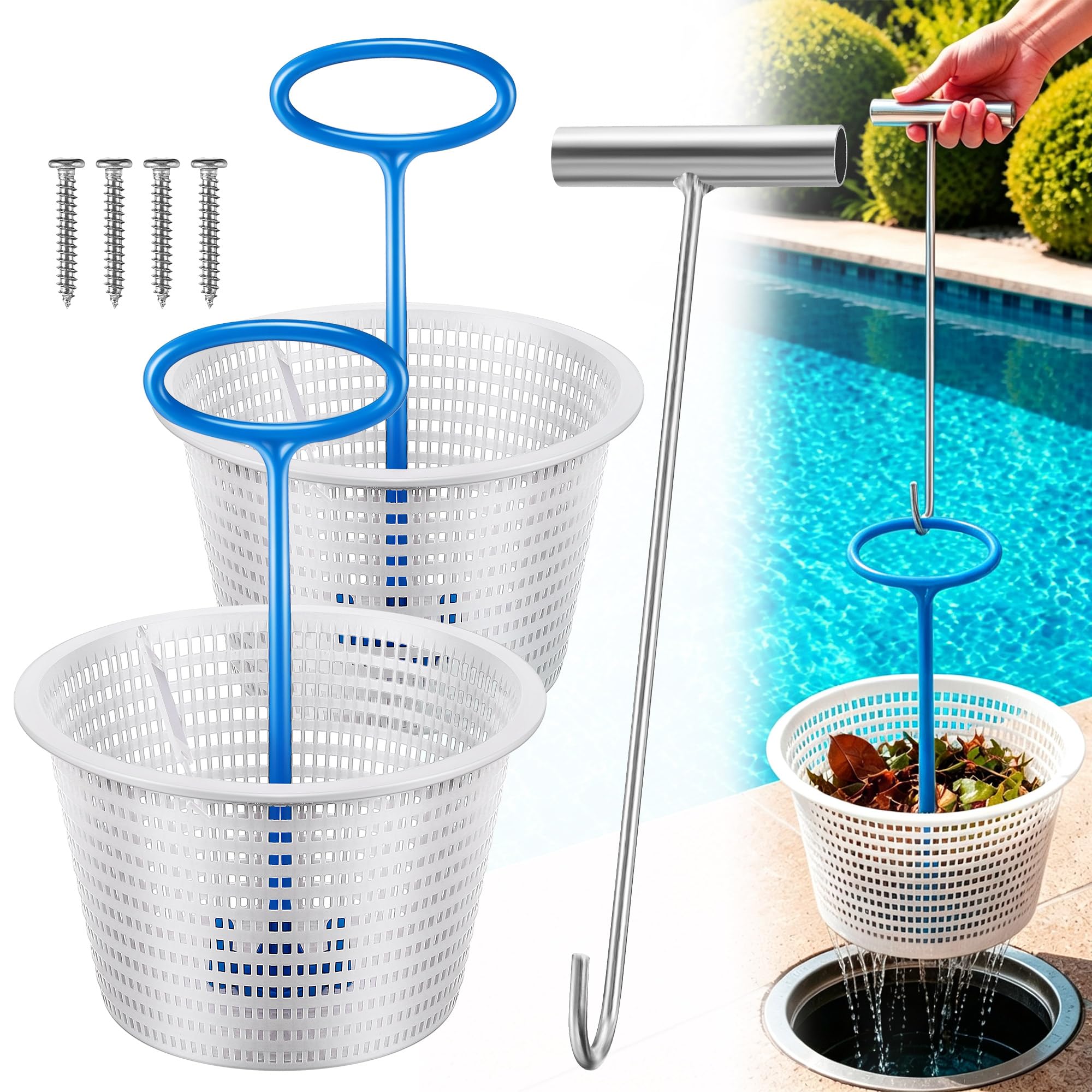 Saillong 2 cestas de repuesto blancas de 8 pulgadas y 2 asas de cesta de skimmer y 1 gancho de acero inoxidable plateado, cesta universal para piscina con asa para eliminar desechos de piscina,