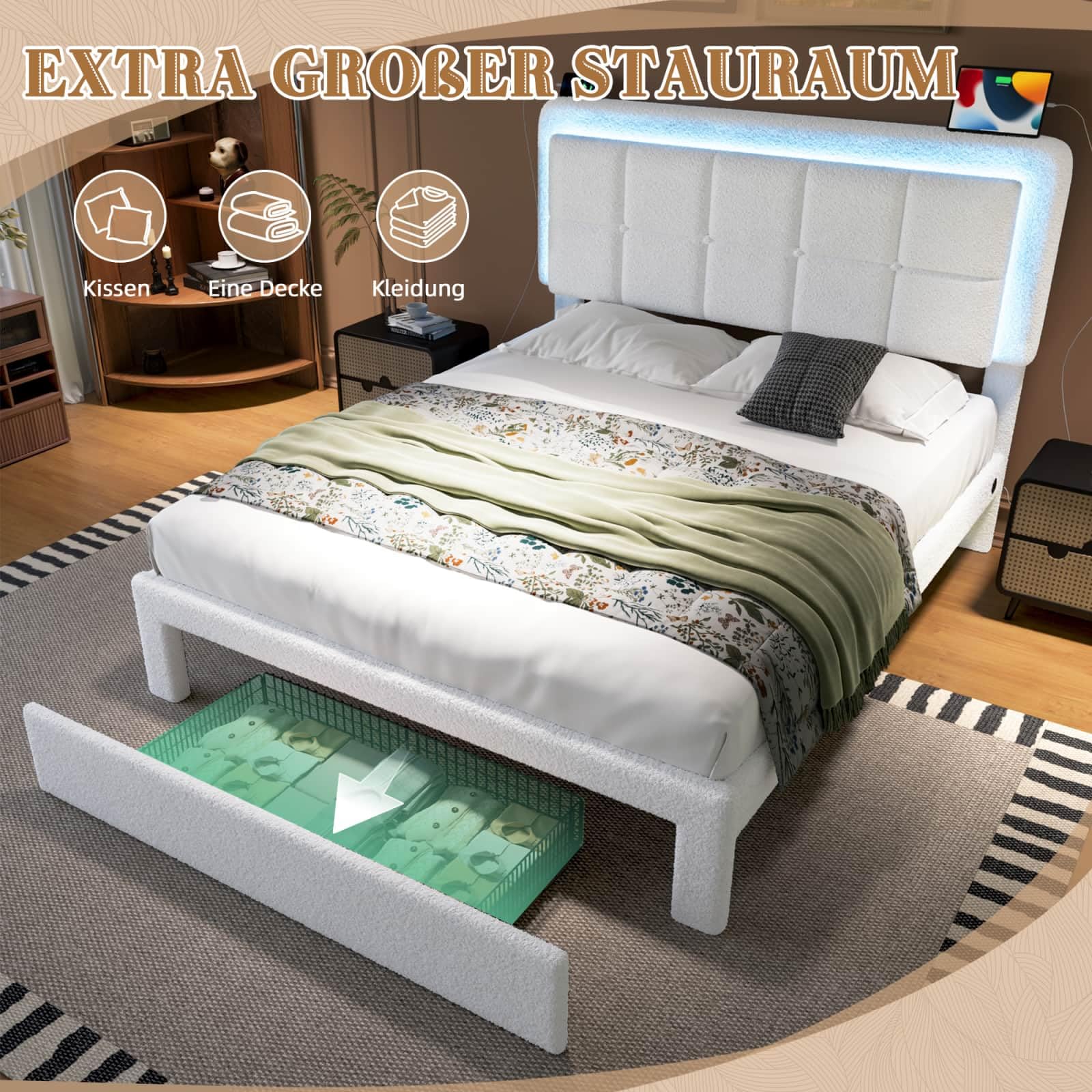 KOMHTOM Lit Rembourré en Velours Teddy avec Tiroir de Rangement, Lit LED Tête Réglable avec 2 Port USB et Type-C, Sommier à Lattes, Cadre de lit Moderne (160x200cm)
