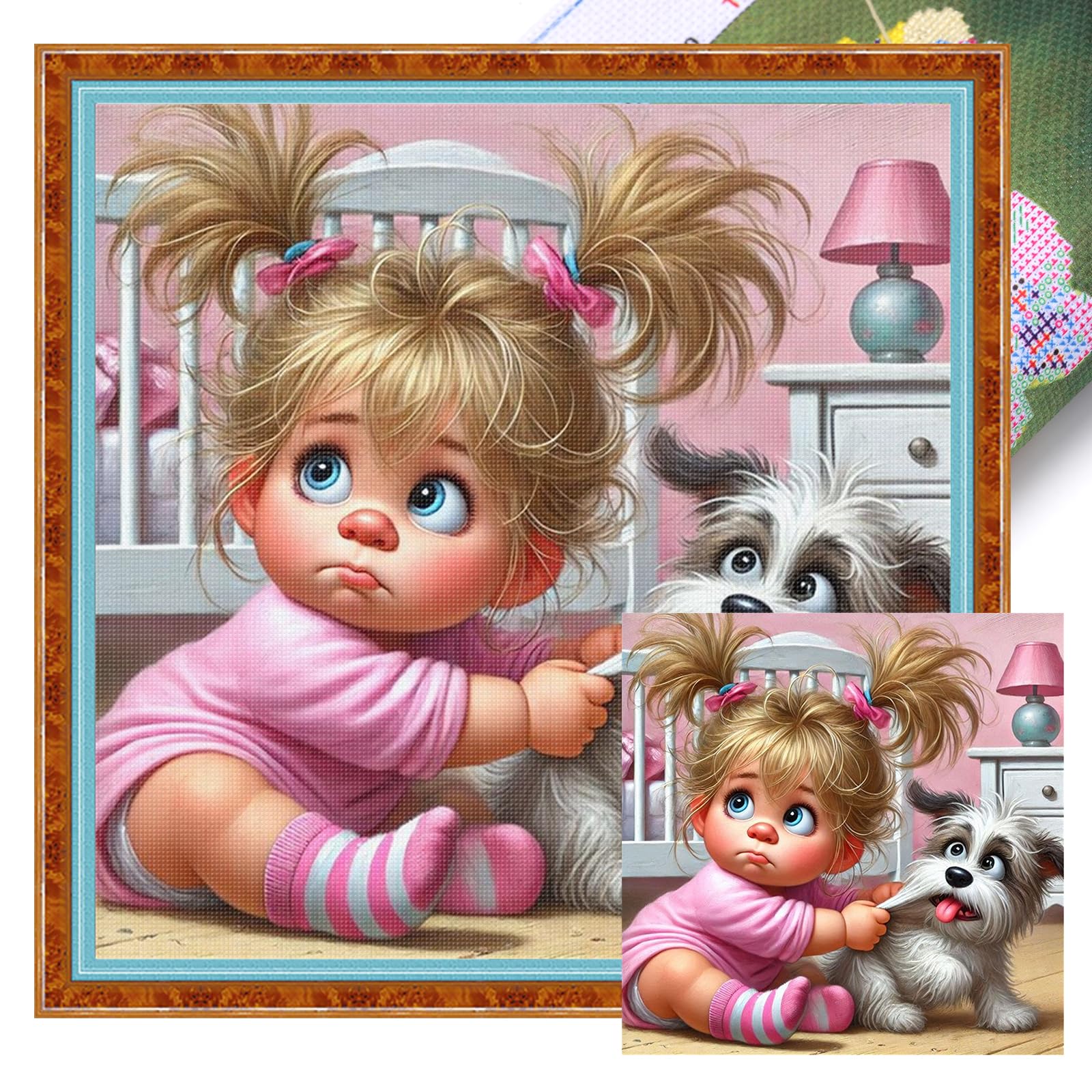Poetrydraw Girls And Puppy Full 11Ct 3 Strand Diy Stamped Cross Stitch Kits For Home 45X45cm ( And Puppy)