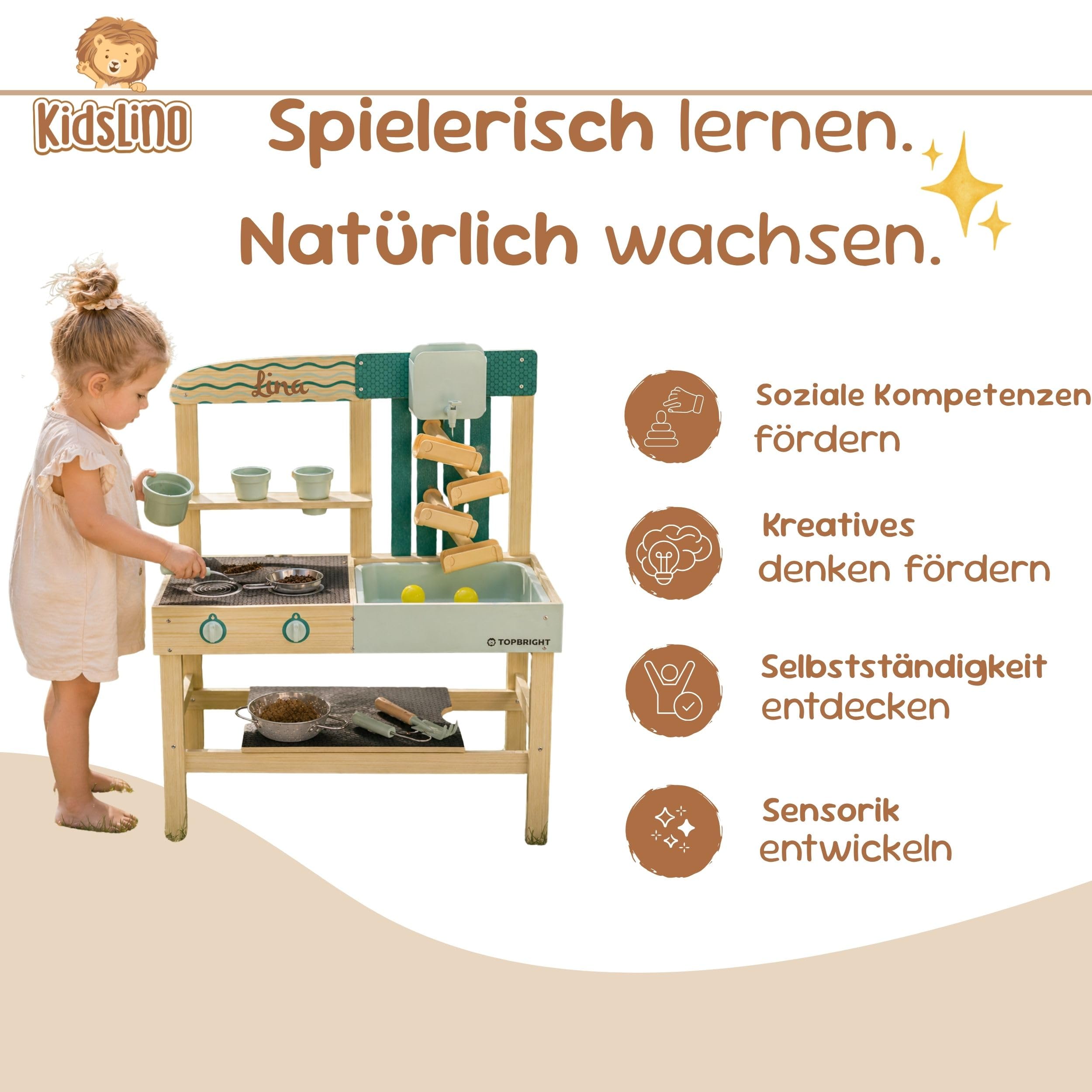 Cocina de juego personalizable para niños al aire libre con depósito de agua y accesorios de madera – Juguete de jardín para niños a partir de 3 años, juguete de exterior con pista de agua, accesorios