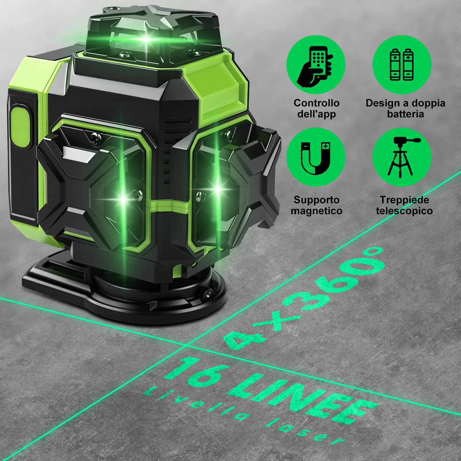 Livella Laser Autolivellante, 16 Lines 4 x360° Livella Laser Verde Potente con Treppiede Telescopico, 4D livella Laser a Linee Incrociate Dispositivo di Livellament, 3600mAh x 2 Batteria