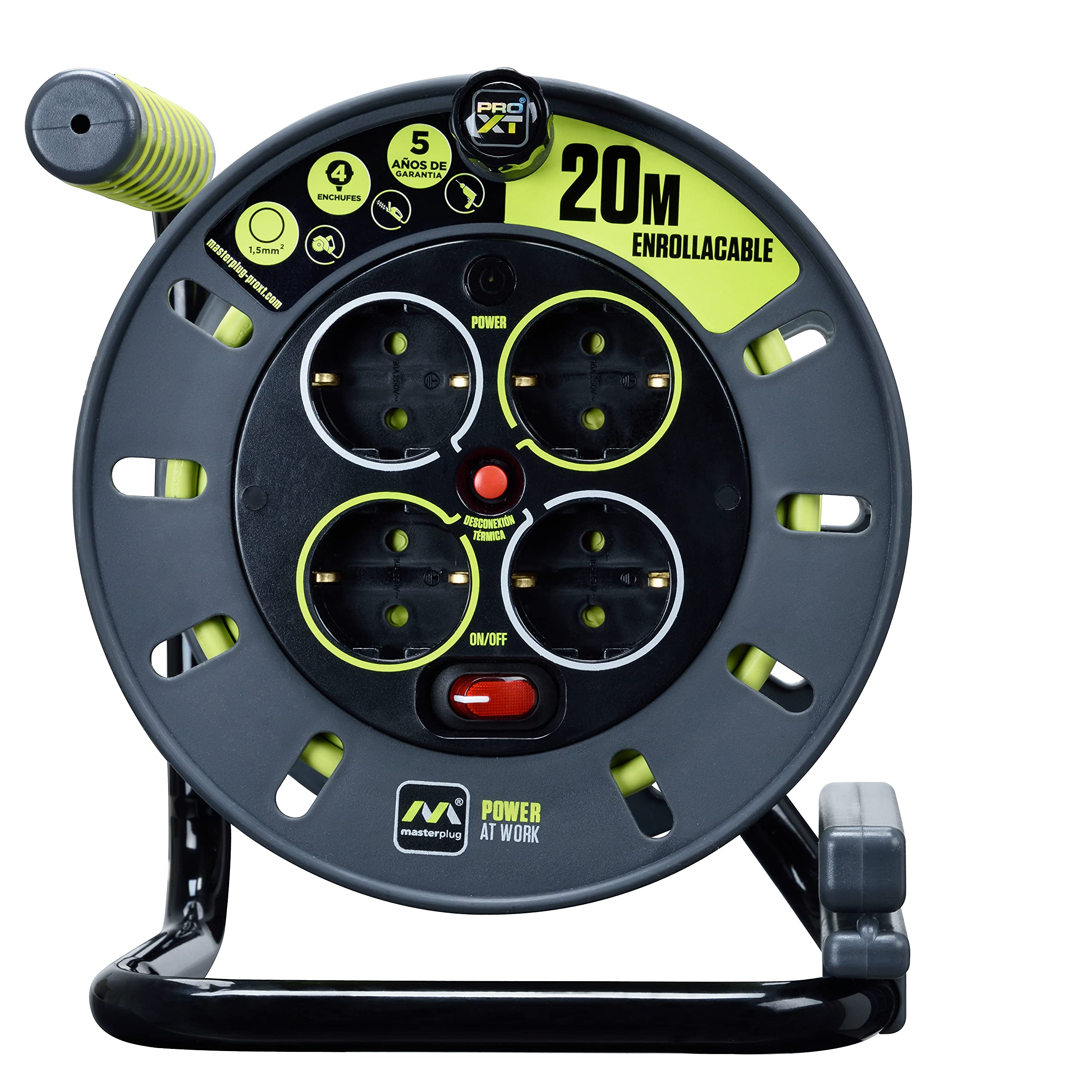 Masterplug Pro-XT Enroulable 20 m, rallonge 4 filets Schuko, extension électrique 3000 W Gris/vert
