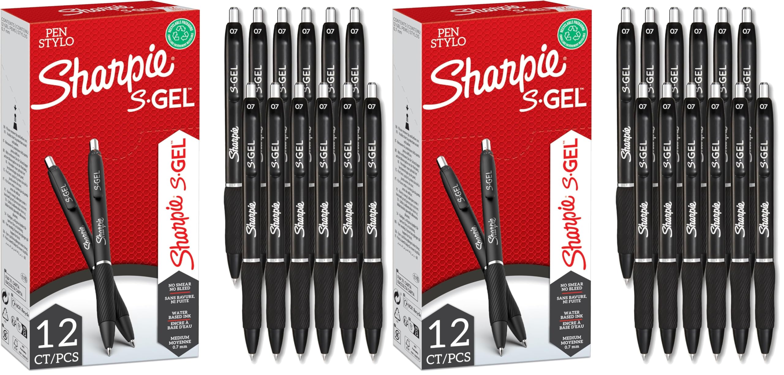 Sharpie S-Gel | Bolígrafos de gel | Punta mediana (0,7 mm) | Tinta negra | 12 unidades (Paquete de 2)
