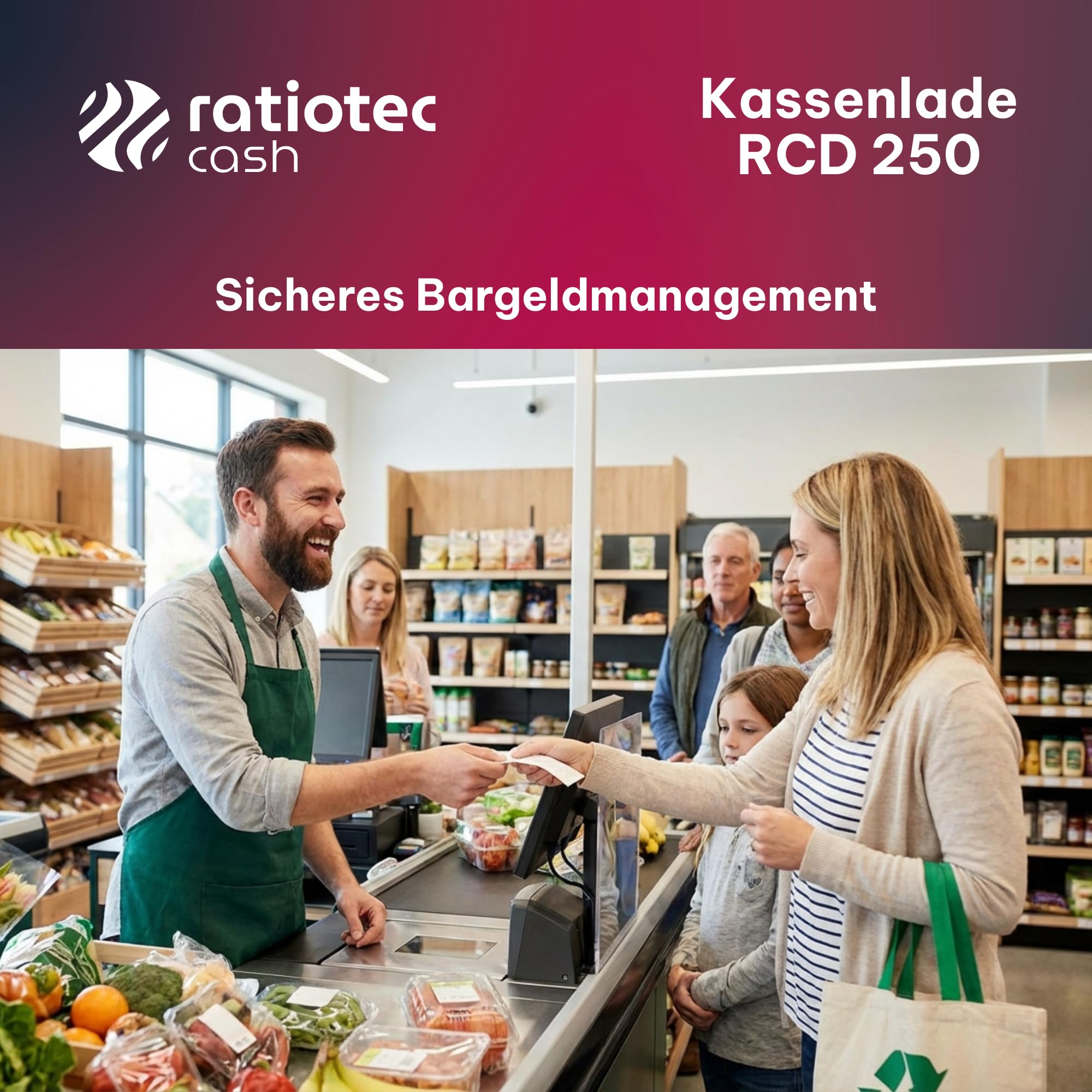 Ratiotec Cash RCD 250 Tiroir-caisse électronique, 8 compartiments à pièces, 4 compartiments pour billets, rails télescopiques, caisse à monnaie verrouillable pour systèmes de caisse et imprimante de
