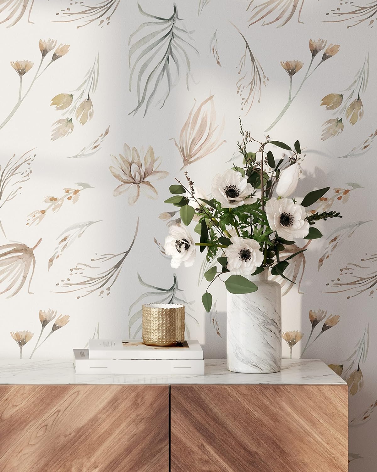 Modern Botanical Wallpaper | Removable Self Adhesive Watercolor Wallpaper | Neutral Floral Peel and Stick (1 roll 24W x 108H)