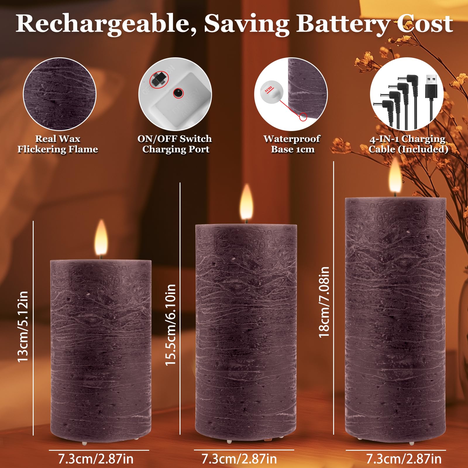 Candele LED Ricaricabili USB [3 pezzi] Candele a Pilastro Elettriche a LED Senza Fiamma, Tremolanti con Timer Remoto, Candele LED per Matrimonio Festa Halloween Natale Decorazione Della Viola