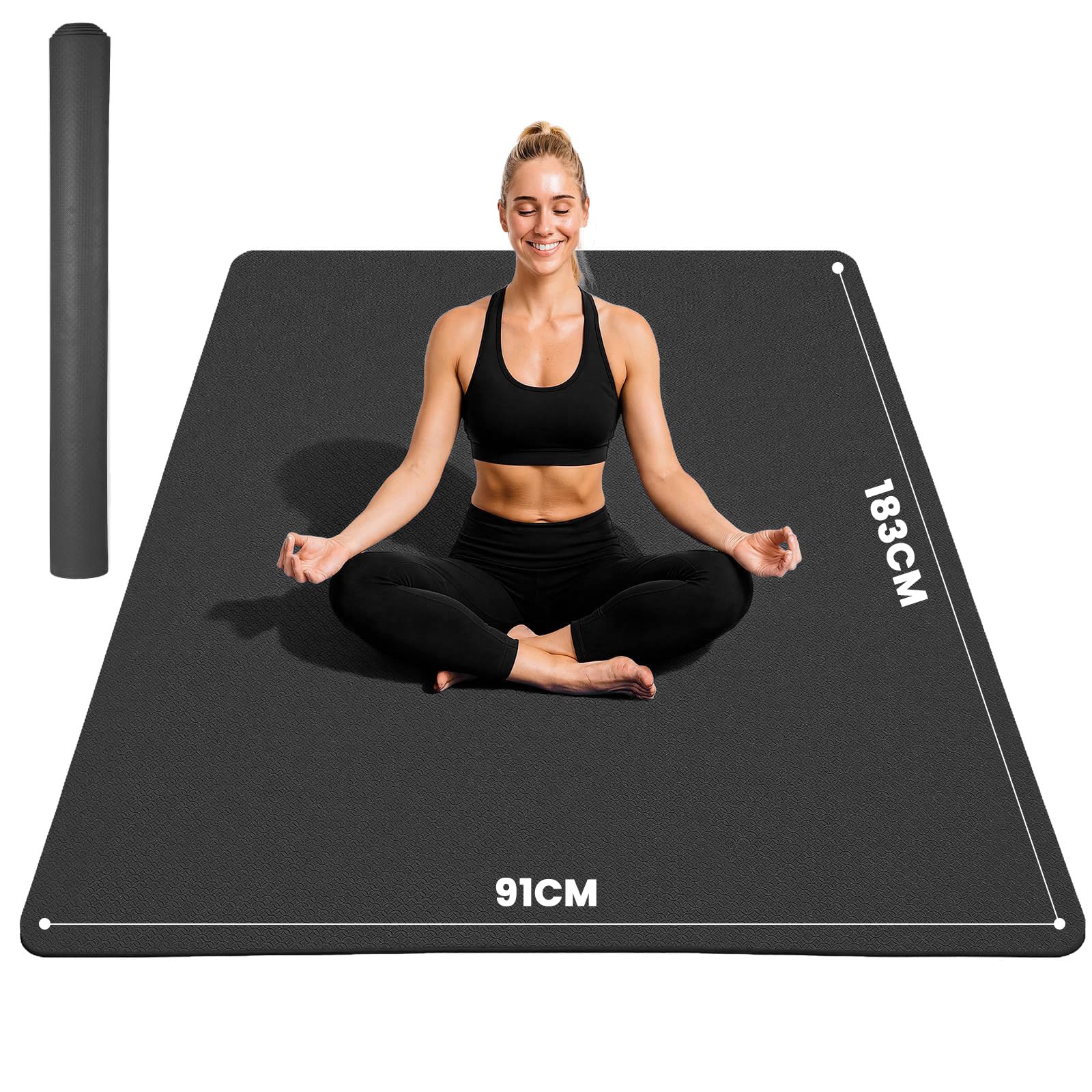 Stepwaver Large Yoga Mat 183x91×0.6cm, Non-Slip, Ultra Durable, Wide Workout Mat, Large Exercise Mats for Home Workouts, Yoga, Pilates, Stretching (Barefoot Exercise) - Black
