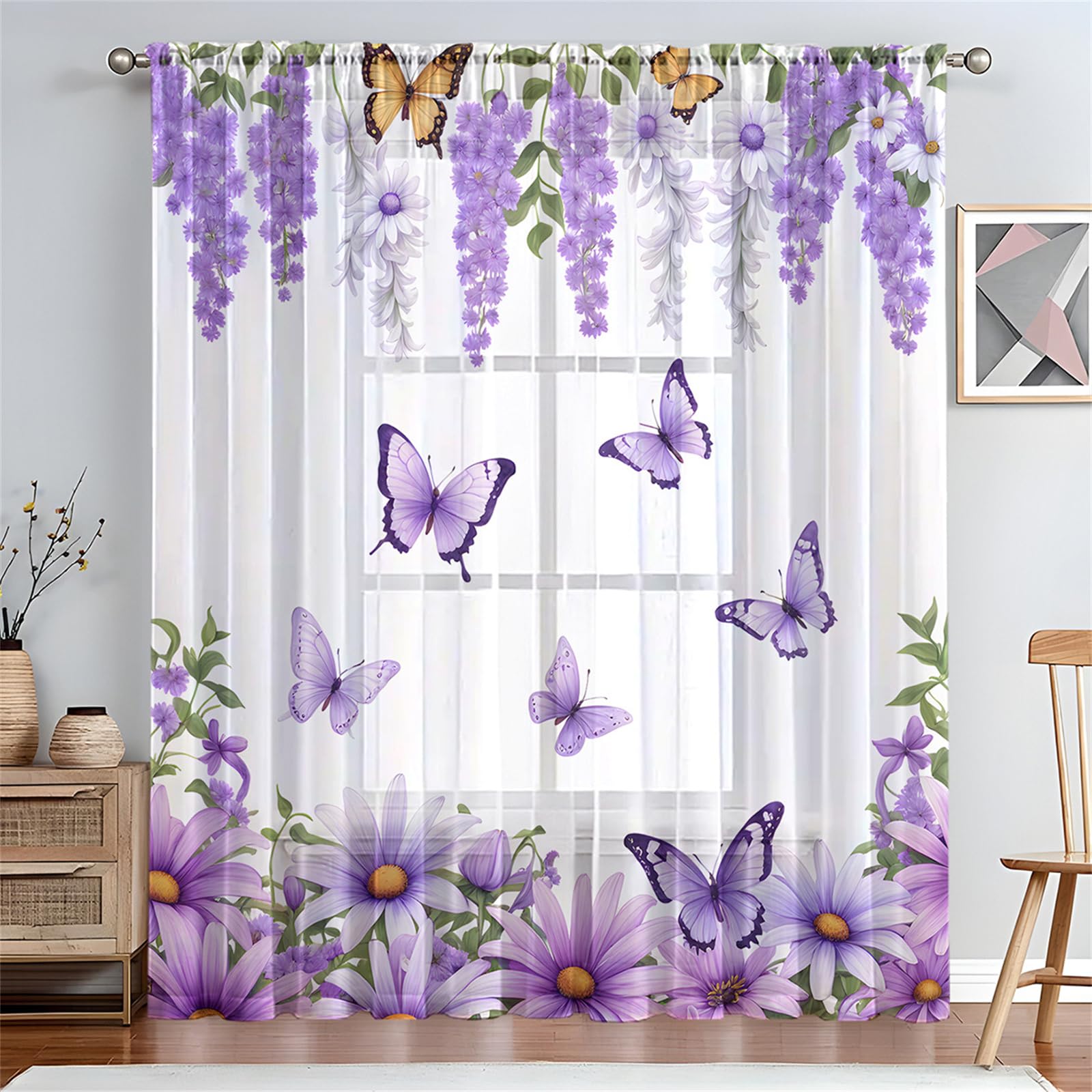 Surwin Net Curtains for Windows, Voile Curtain, 1 Panels Romantic Butterfly Print with Eyelets, Semi Transparent Lightweight Voile Panel for Living Room Bedroom Balcony (Butterfly,W132xH213cm)