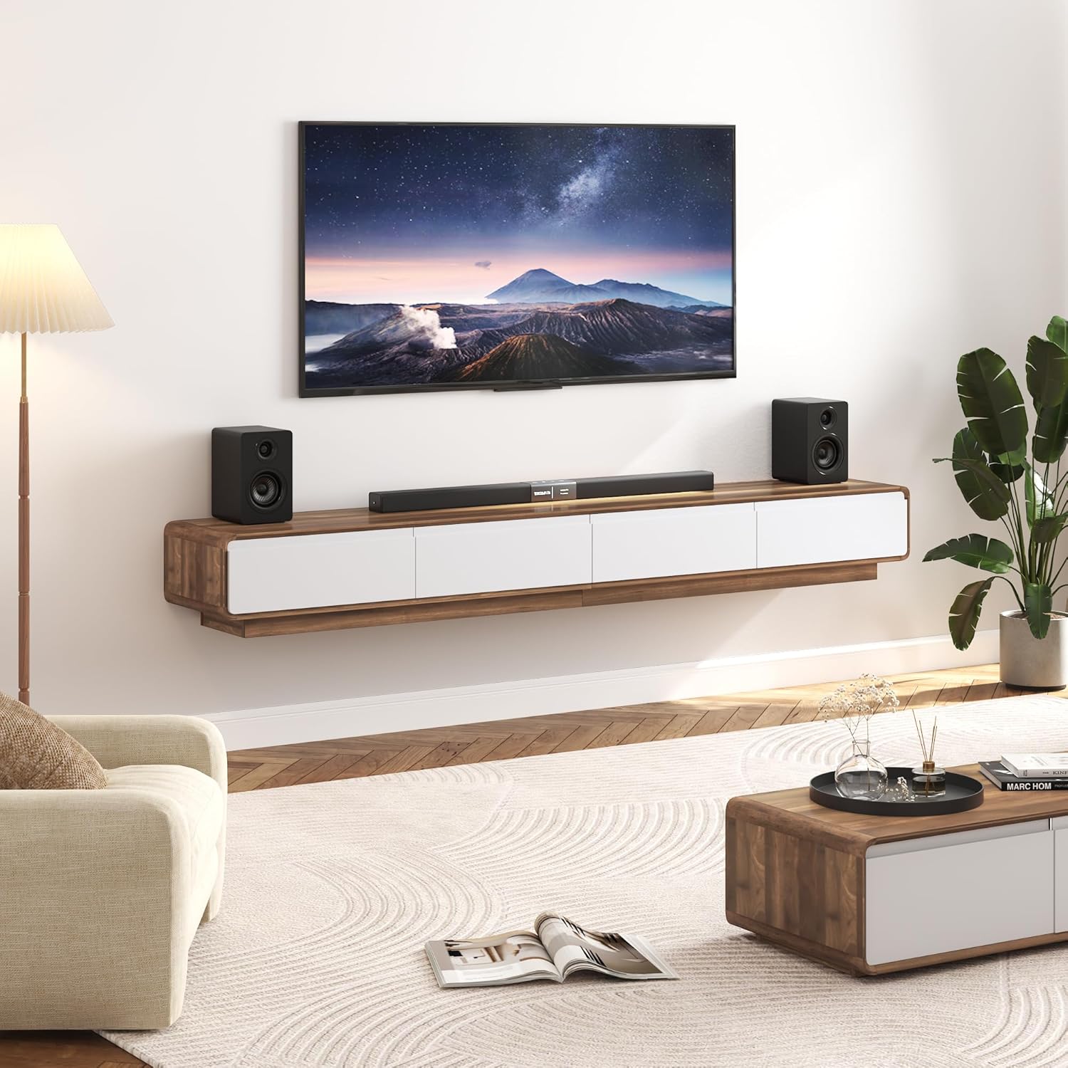 94.5" Minimalist Floating TV Stand for TVs up to 100 Inches, Modern Wall Mounted Media Console with 2 Drawers, Entertainment Center for Living Room, White & Walnut - Image 6