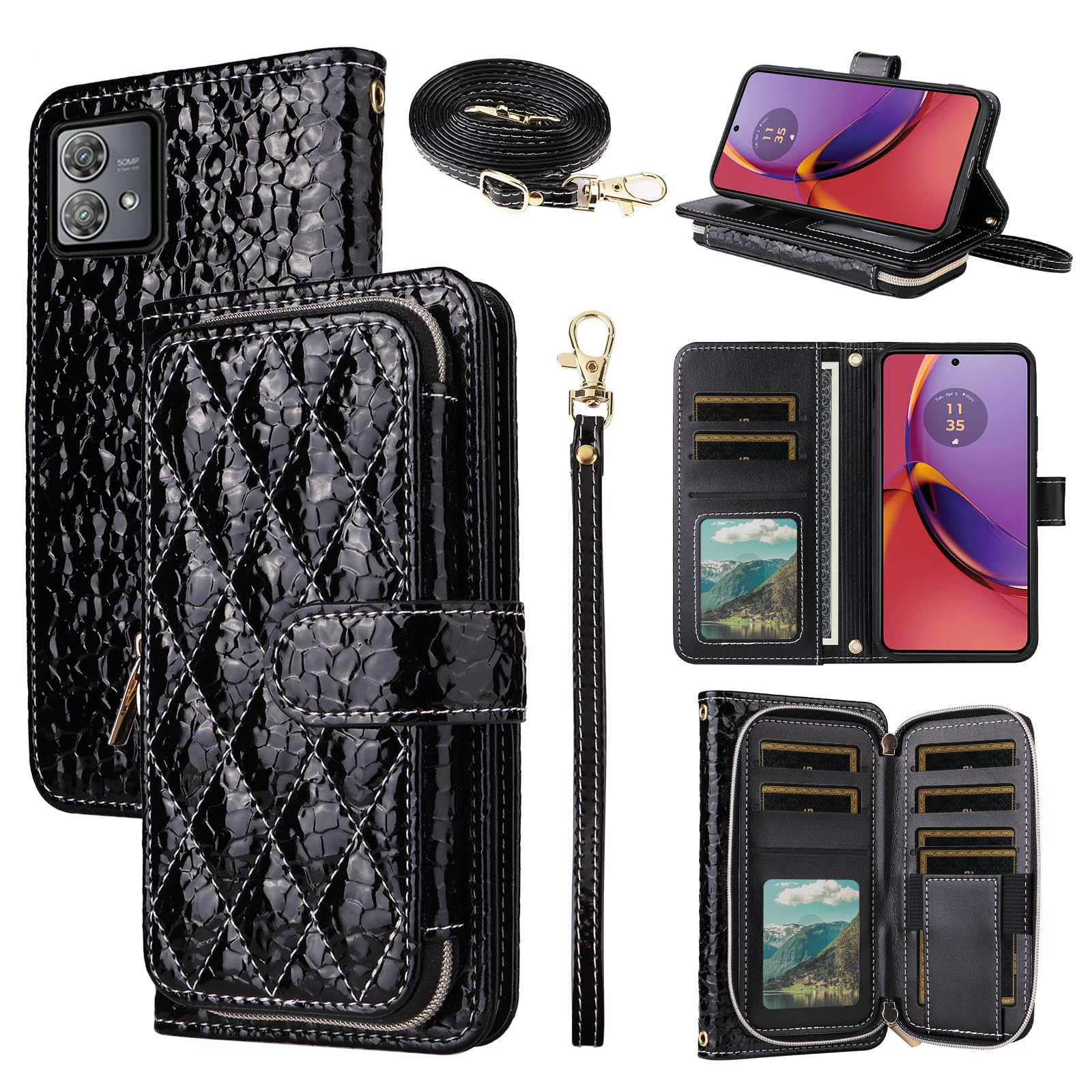 Furiet Argyle Wallet Case for Motorola Moto G84 5G with Crossbody/Wrist Strap Lanyard Luxury PU Leather Kickstand Zipper Purse Shockproof Card Holder