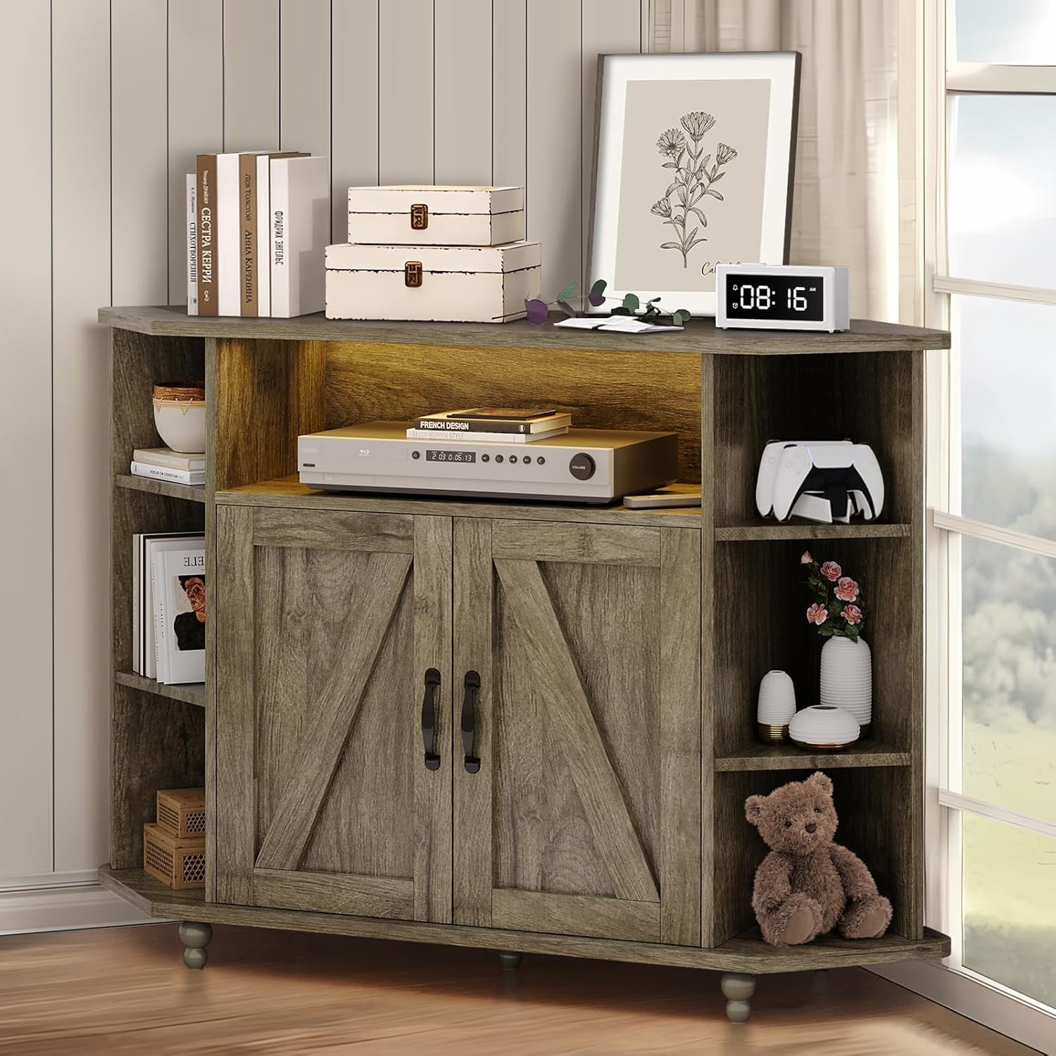 Overall view of the 4 EVER WINNER Farmhouse Corner Entertainment Center in grey, featuring open shelves, a central cabinet with barn doors, and a top surface.