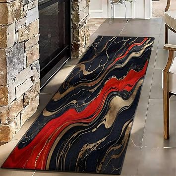 Abstract Black Red Marble Runner Rug, 2x6ft, Luxury Black Gold Stone Texture Bedroom Rugs, Soft Breathable Rugs for Home Hallway Decorative, Non Slip Washable Rug for Indoor