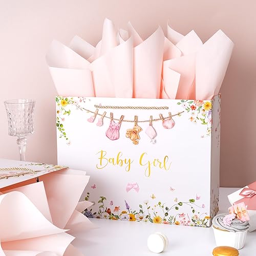 Miniatura 7 de Crisky Bolsa de regalo grande de 13 pulgadas para baby shower con papel de seda, tarjeta de regalo y lazo para decoraciones de baby shower, fiesta