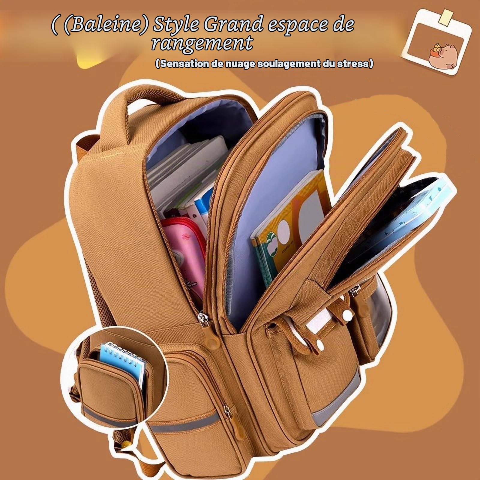 Capybara Sac à Dos pour L'école, Capybara Sac D'école avec Bandes Réfléchissantes, Cartable Kawaii pour Filles avec Kawaii Accessoires, Cartable Fille Primaire Capybara