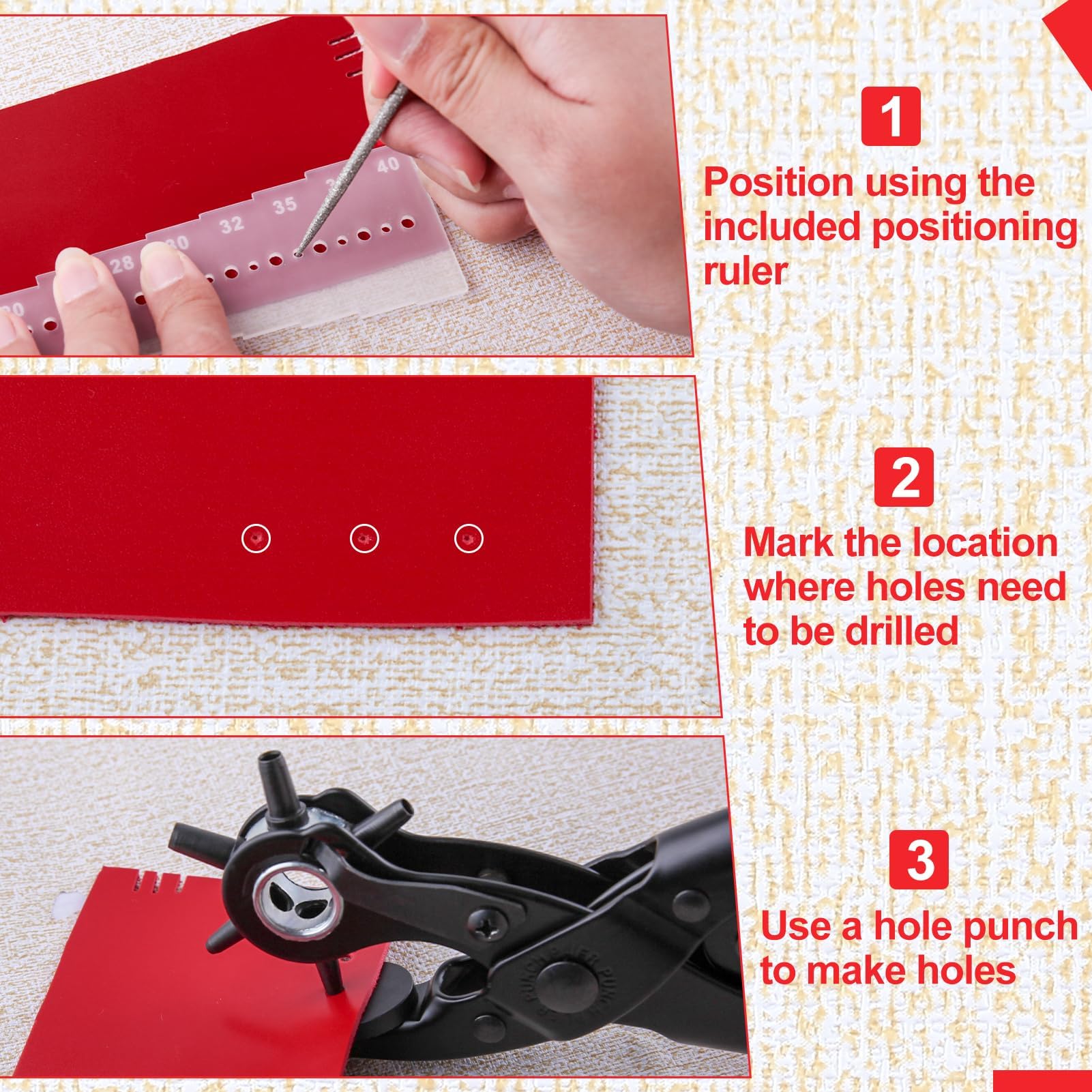 LEONTOOL 9 Pcs Revolving Punch Plier Kit Leather Hole Punch Tool Set 6 Multi-Hole Sizes Heavy Duty Rotary Puncher for Belts Keychains - Image 3