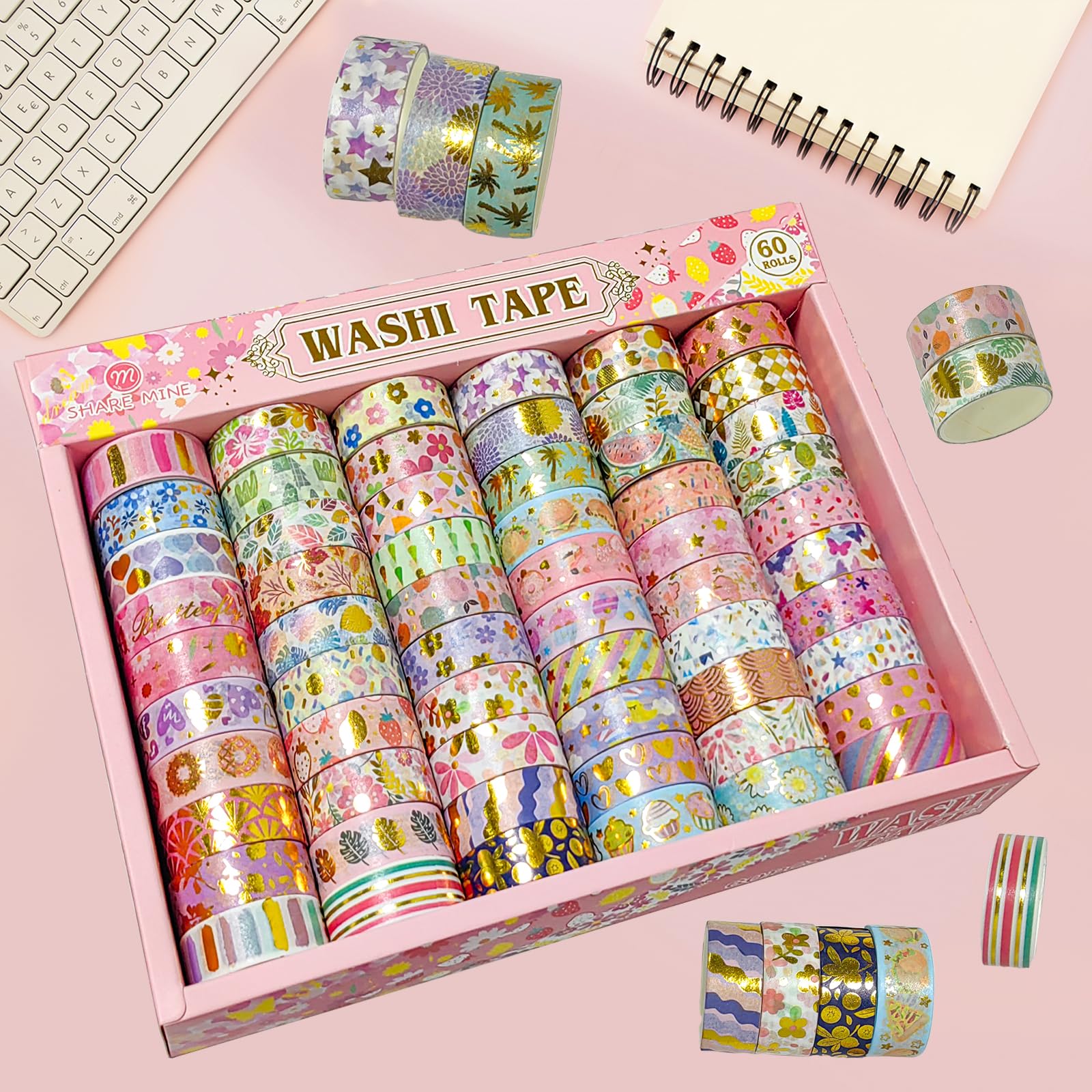 60 Rolls Floral Washi Tape Set Decorative Narrow Blooms Masking Tape with Gold Foil for Art Scrapbooking Planner Crafts Gift Wrapping-image-14