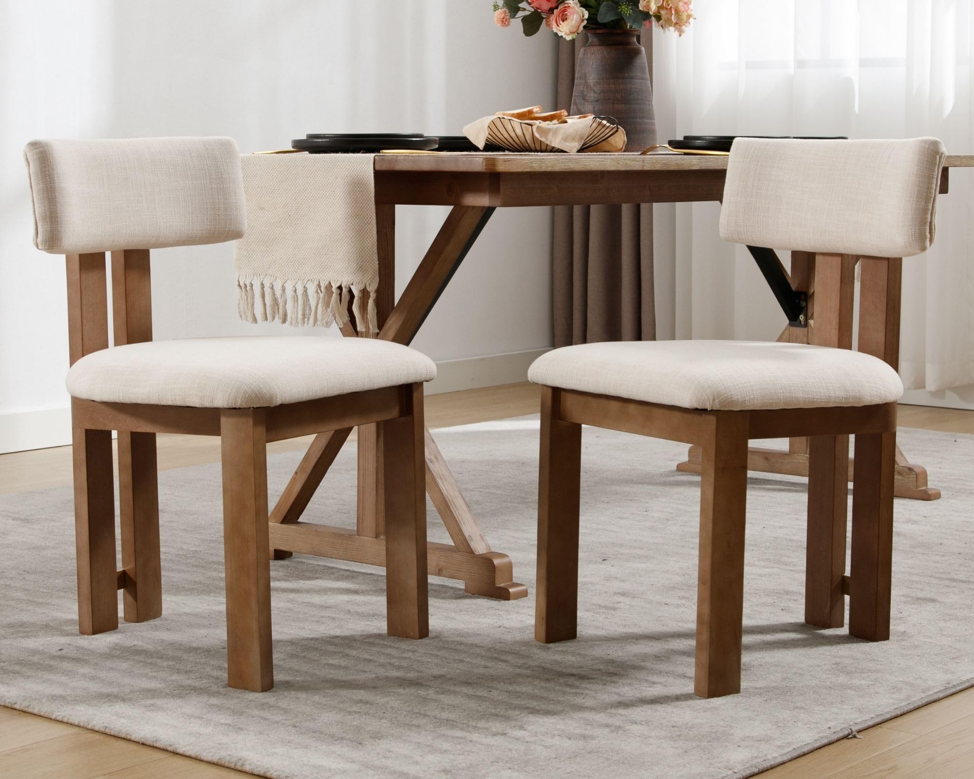 Modern Farmhouse Linen Dining Chairs Set of 2, Beige Fabric Upholstered Dining Room Kitchen Chairs with Natural Wood Frame & Curved-Back, Armless Accent Wood Chairs for Dining Room Living Room