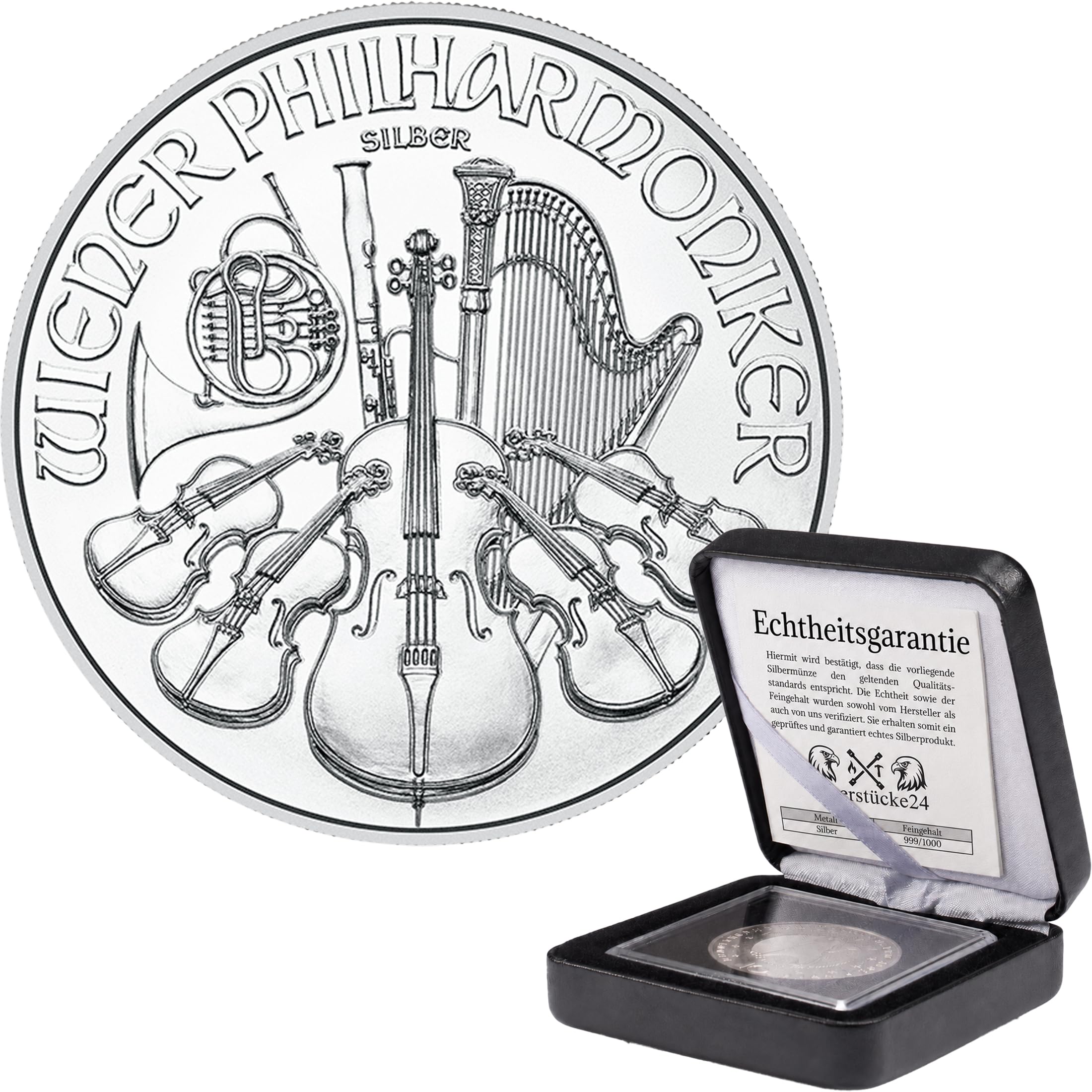 Silbermünze 1 oz Wiener Philharmoniker | Aktueller Jahrgang | Feinsilber 999 | In Münzkapsel & schwarzem Etui | Inkl. Grußkarte und Echtheitsgarantie | Geschenk & Sammlermünze