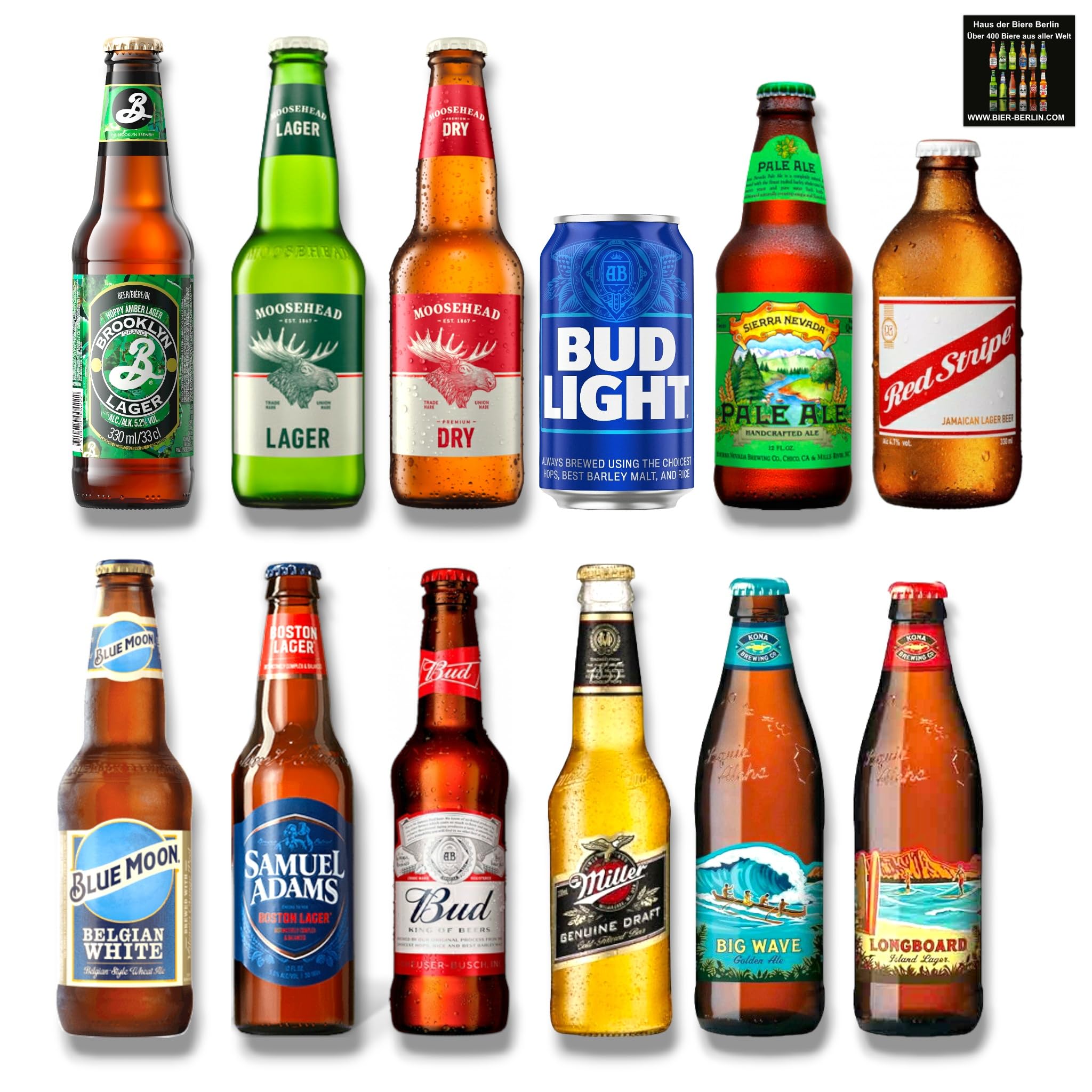 USA Bier Mix - die beliebtesten Biere in einem Set 12 x 330ml /355ml- USA & Kanada - Inkl. Haus der Biere Berlin Bierdeckel