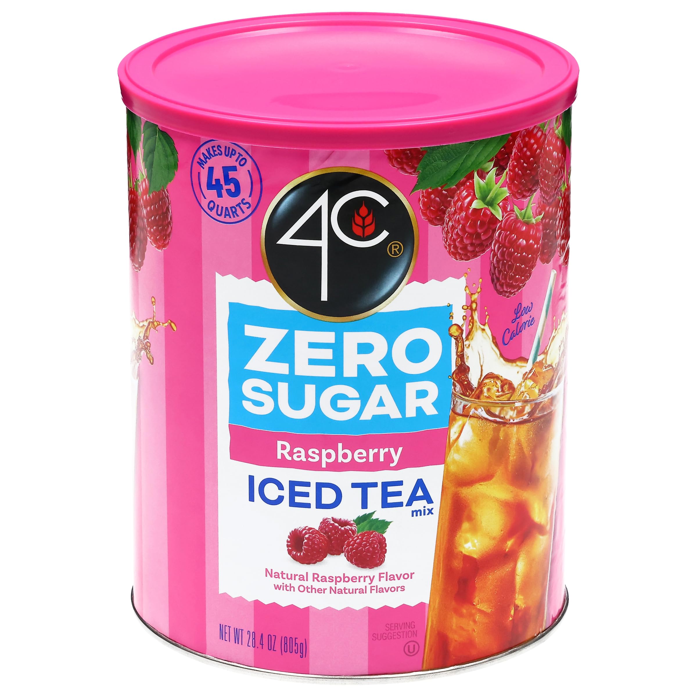 4C Zero Sugar Powdered Drink Mix Cannisters, Zero Sugar Raspberry Iced Tea, 45 Quarts, Family Sized Cannister, Low Calorie, Thirst Quenching Flavors (Raspberry Iced Tea, 28.4 Ounce (Pack of 1))