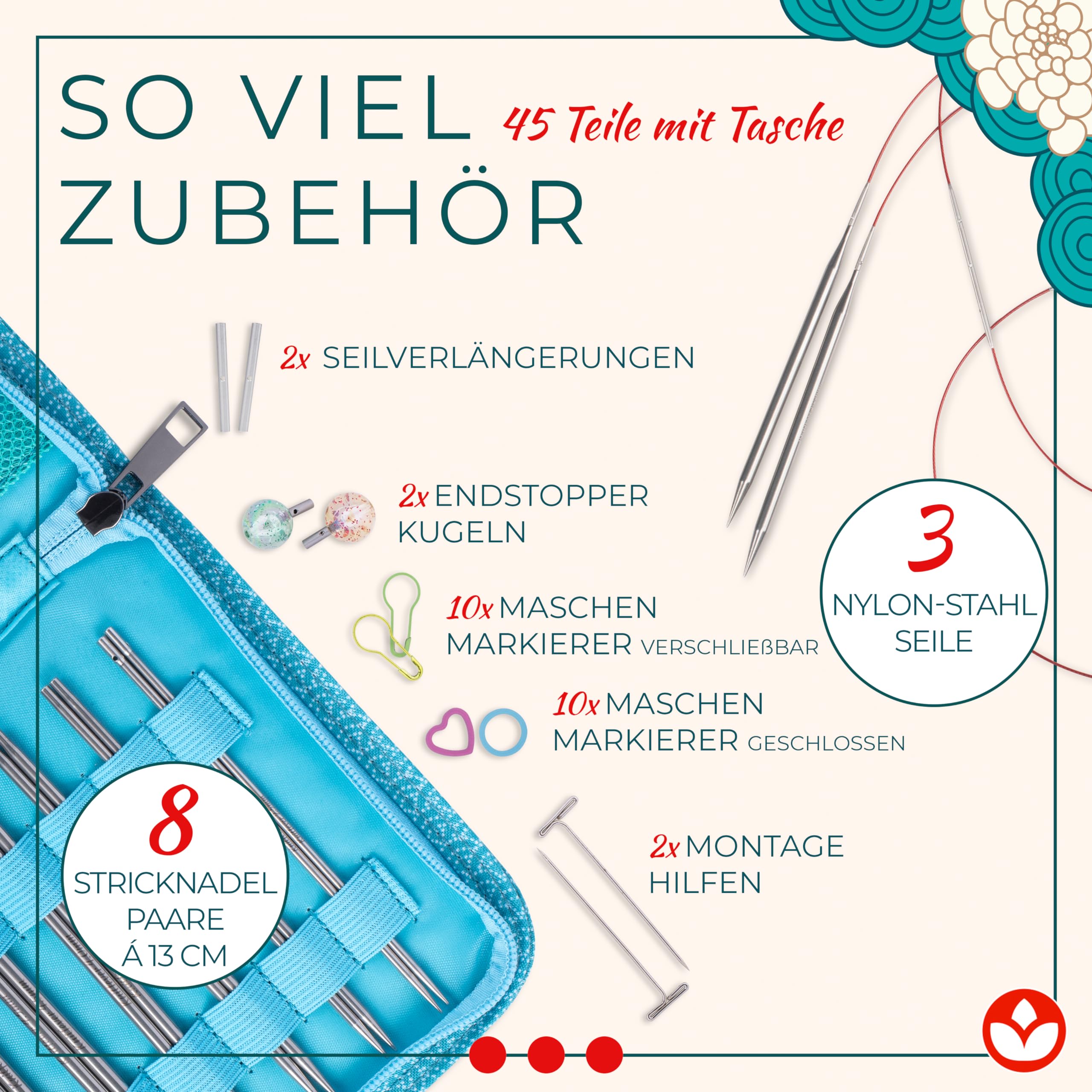 Knitfever® Austauschbares Rundstricknadel-Set - 8 Paar Stricknadeln: 2,5-6 mm - Inkl. Tasche zur Aufbewahrung für Strickbegeisterte