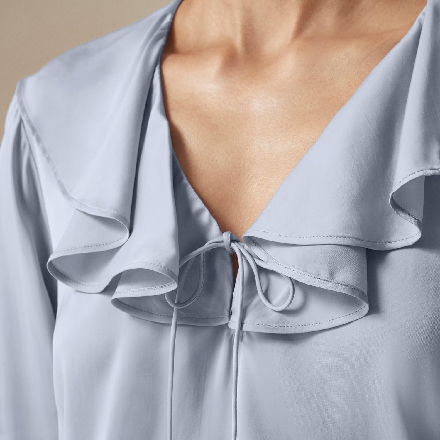 Womens Light Blue Satin Tie Up Shirt Ruffle V Neck Blouse Long Sleeve Business Casual Tops - Image 3
