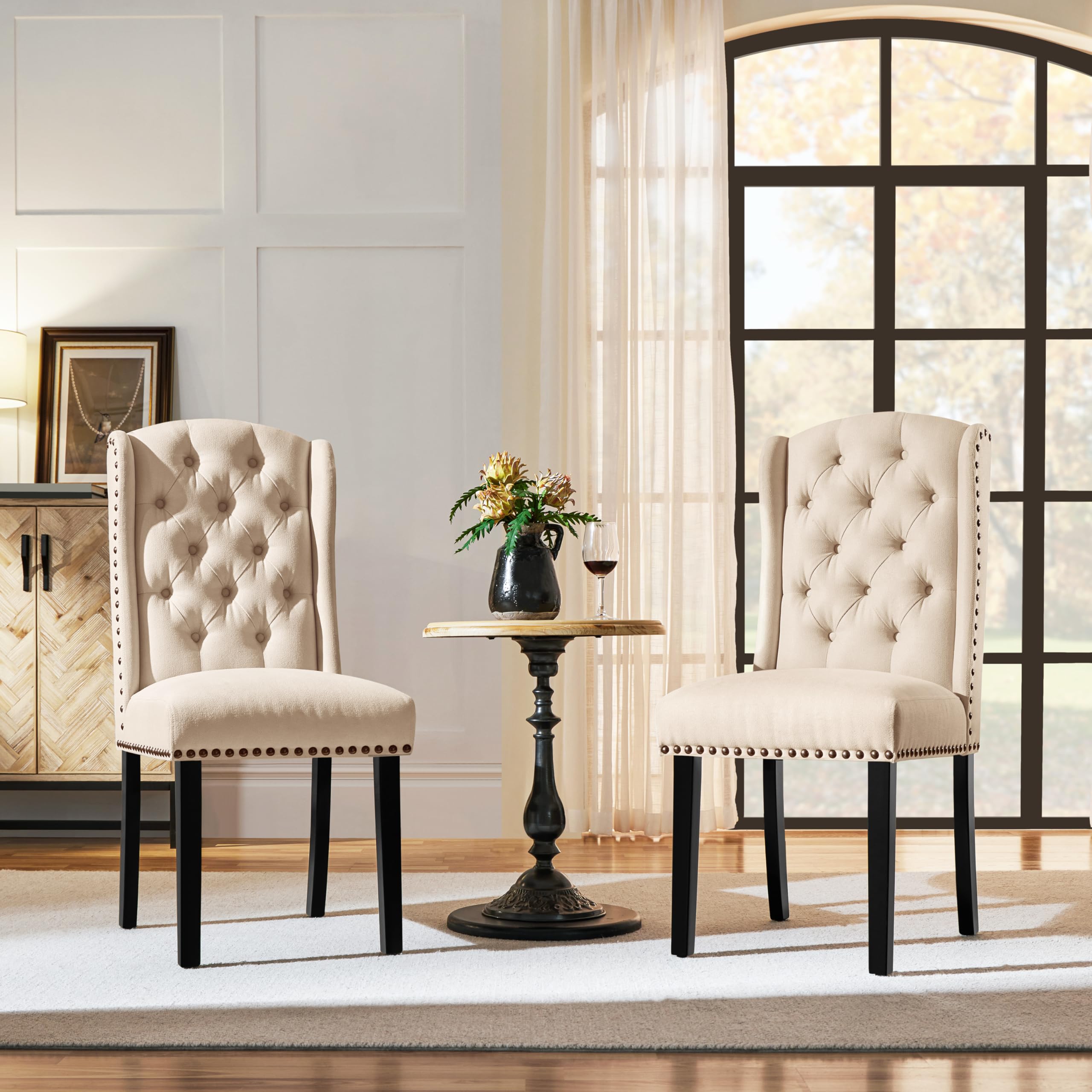 Yaheetech Set 2 Sedie Sala da Pranzo Tessuto Imbottite Eleganti Gambe in Legno Massello Schienale Alto con Bottoni Portata 140 kg Beige