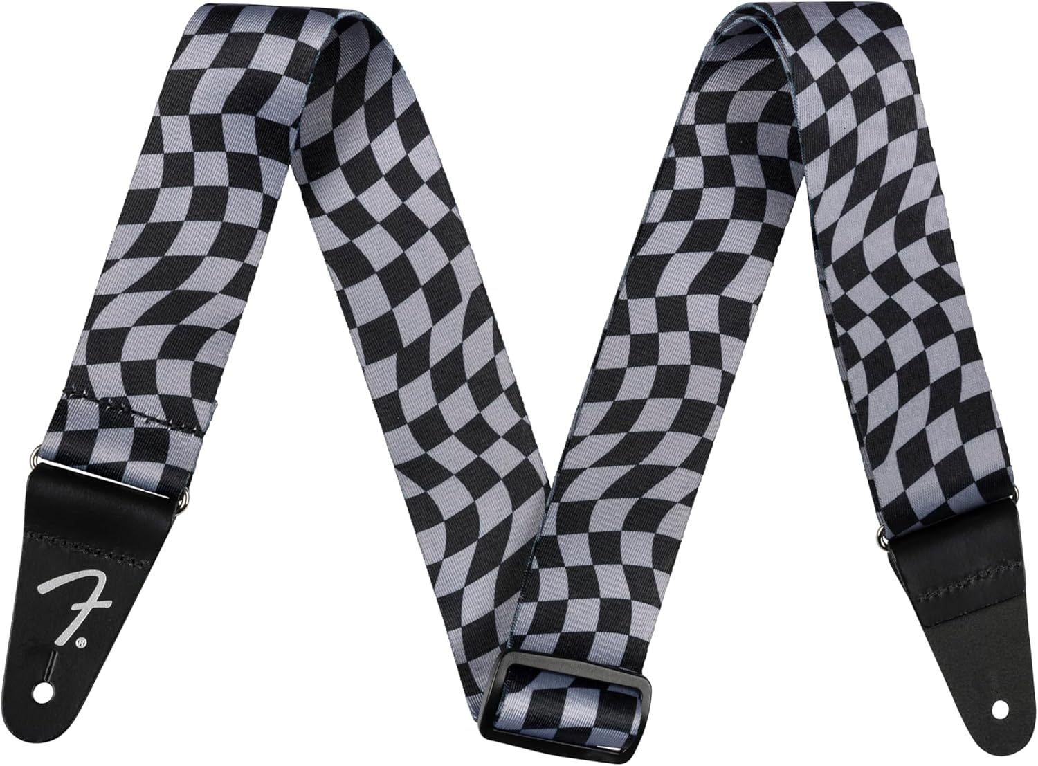 Fender Wavy Checkerboard Polyester Guitar Strap, Adjustable from 34"-59", Leather Ends, Gray