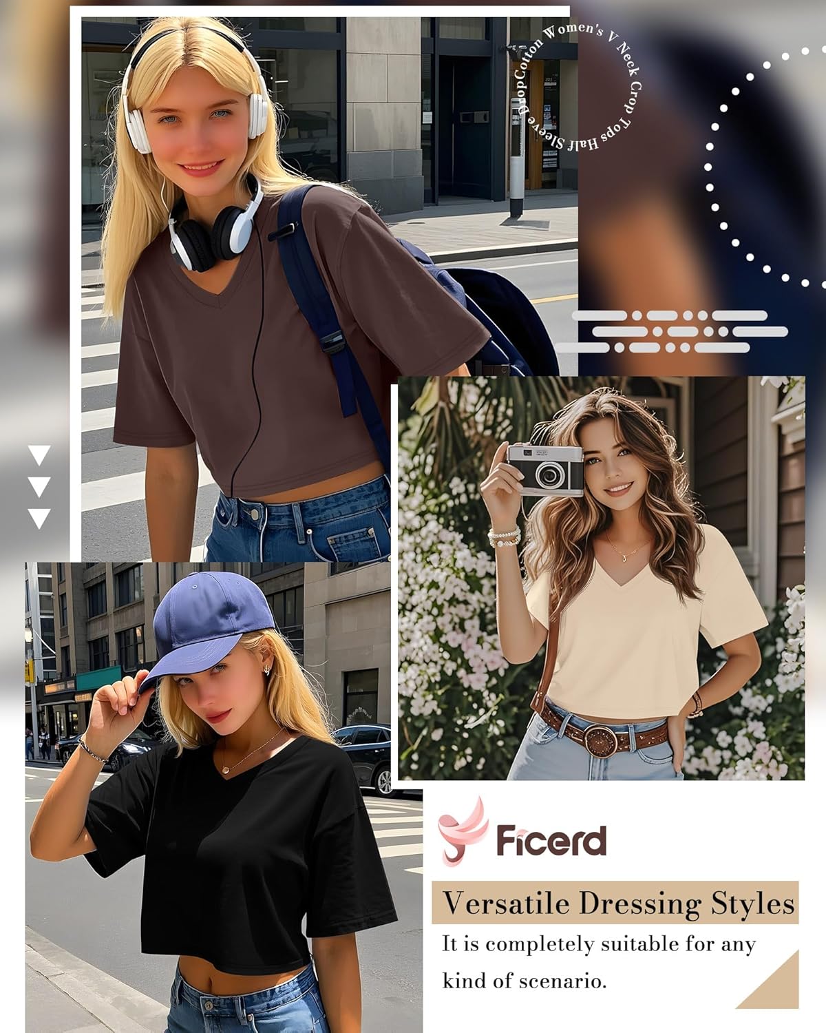 Ficerd 3 Pack Women's V Neck Crop Tops Half Sleeve Drop Shoulder Basics Cropped Top Boxy Tees for Girls - Image 5