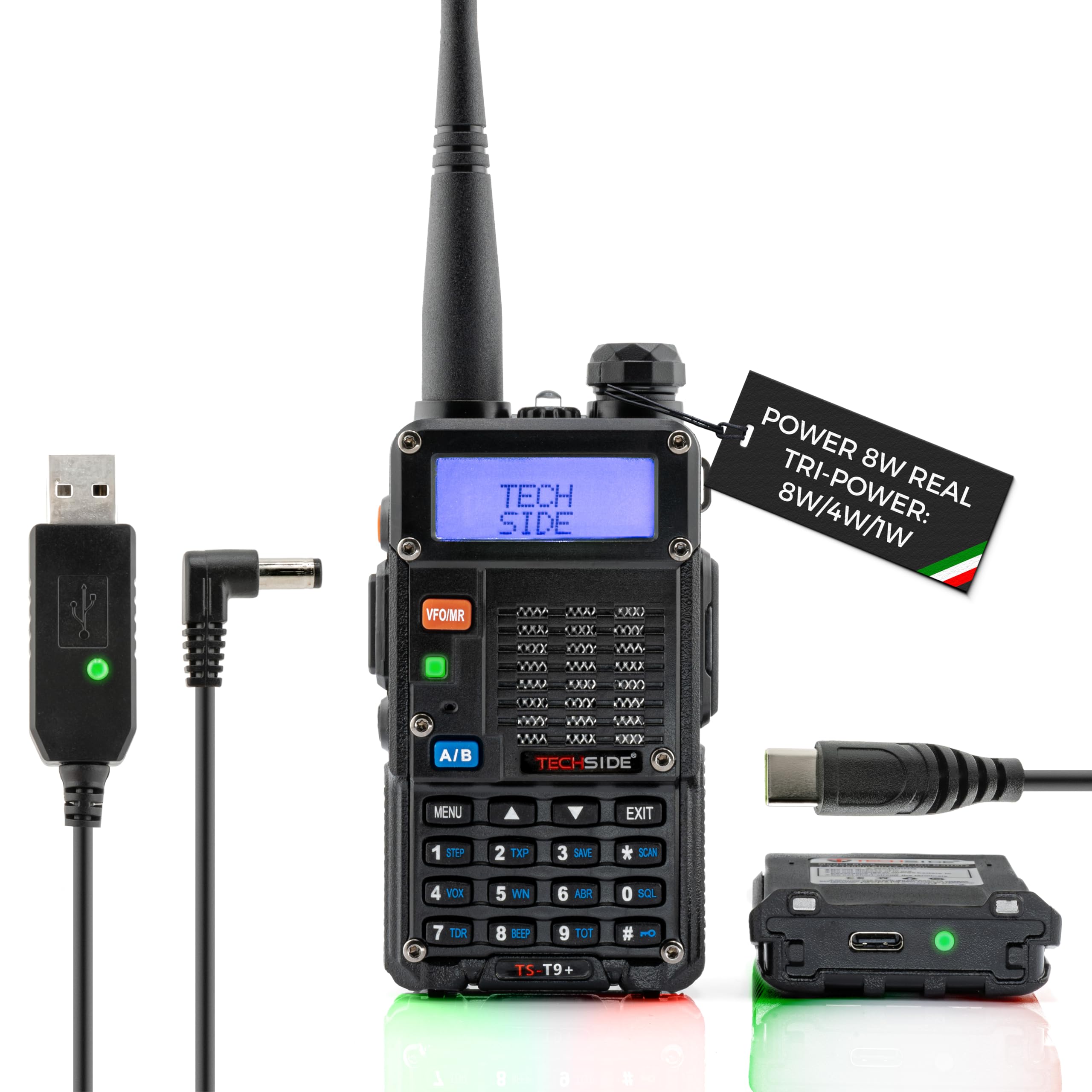 TechSide Walkie Talkie 8W | TS-T9+ Radio Ricetrasmittente Dual Band VHF UHF Tri-Power | Firmware Italiano | Batteria 1800mAh con Ricarica USB-C | 128 Canali, PMR446 VOX | Qualità e Assistenza Italiana