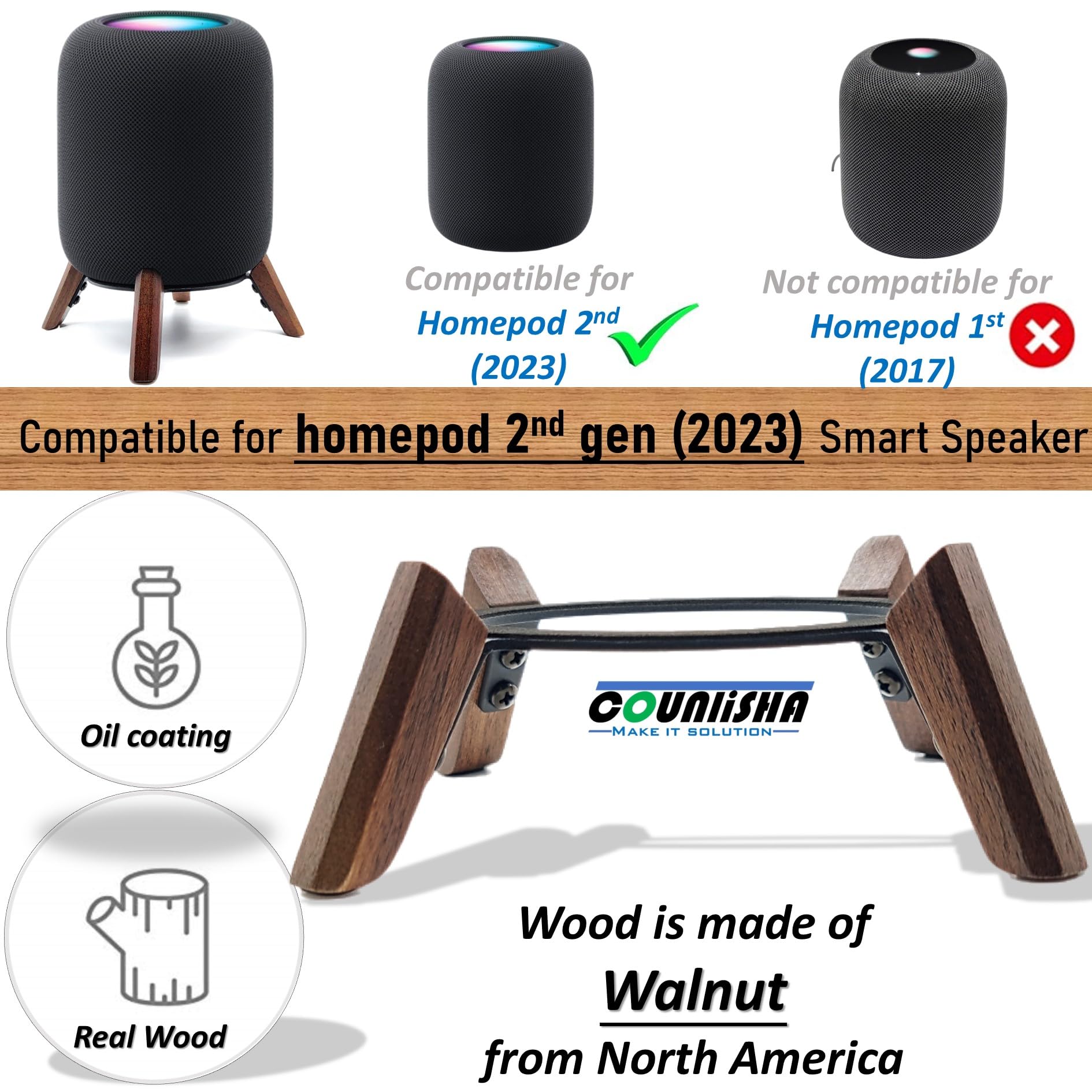 Real Wood Stand for homepod 2nd gen 2023,Tripod Accessories Protect Speaker Sound Better,Secure Stable Wooden Mount Holder for Home pod 2nd gen (Walnut)