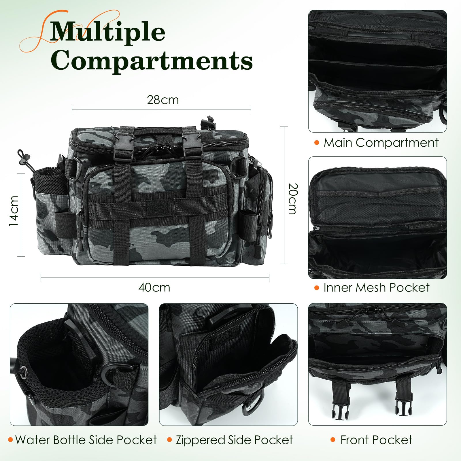 Angeltasche, Tarnung Fishing Angeltasche mit Gürtel, Schultergurt, Rutengurt, Tragegriffe Mehrere Taschen Karpfentasche angelrucksack Tackle-Box-Tasche Outdoor für Meer Angeln Süßwasser