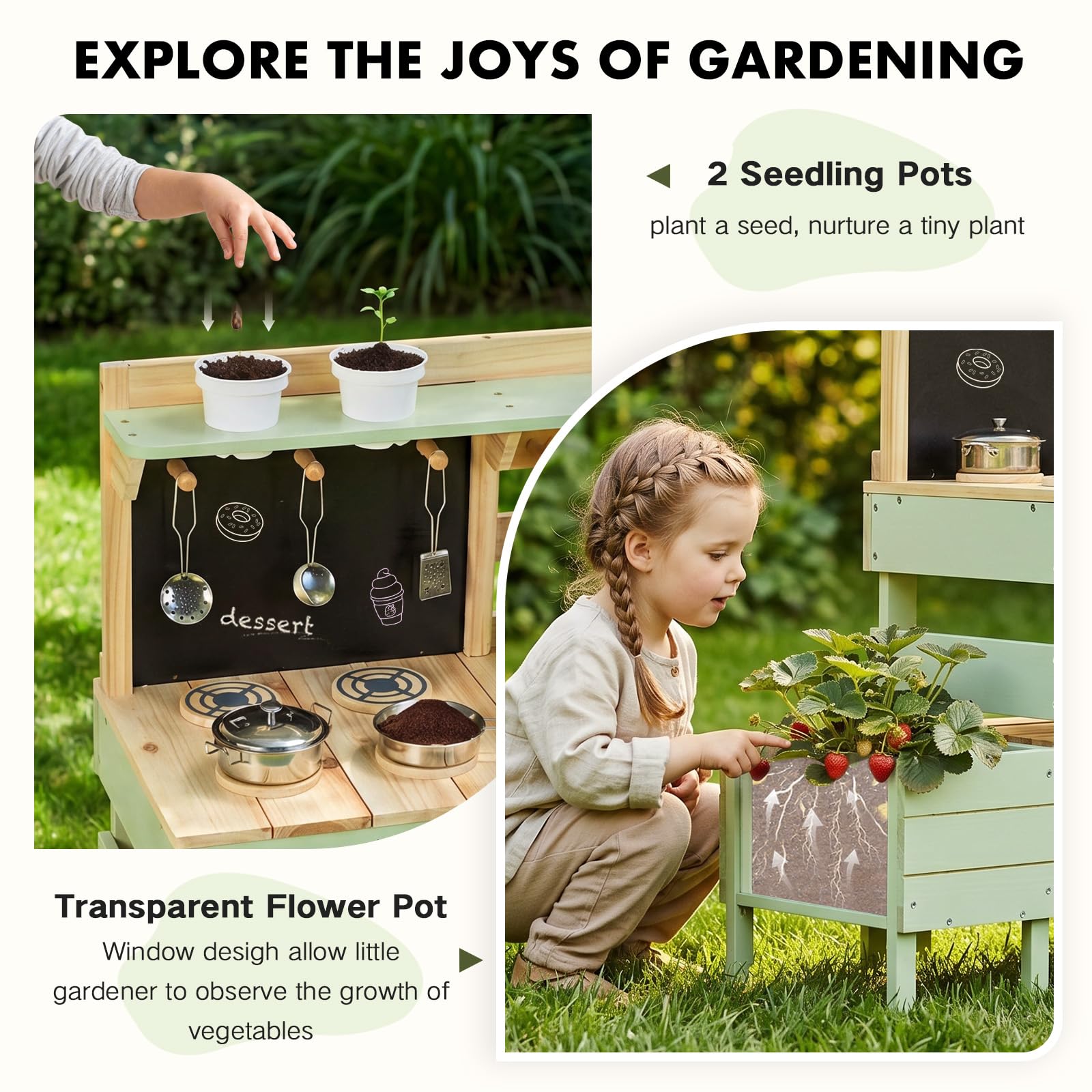 Labebe Cuisine boue d'extérieur 3 en 1 avec jardinière et boîte d'observation des insectes, cuisine de jeu d'extérieur et cuisine pour enfants en bois avec évier, robinet et accessoires, à partir de 3
