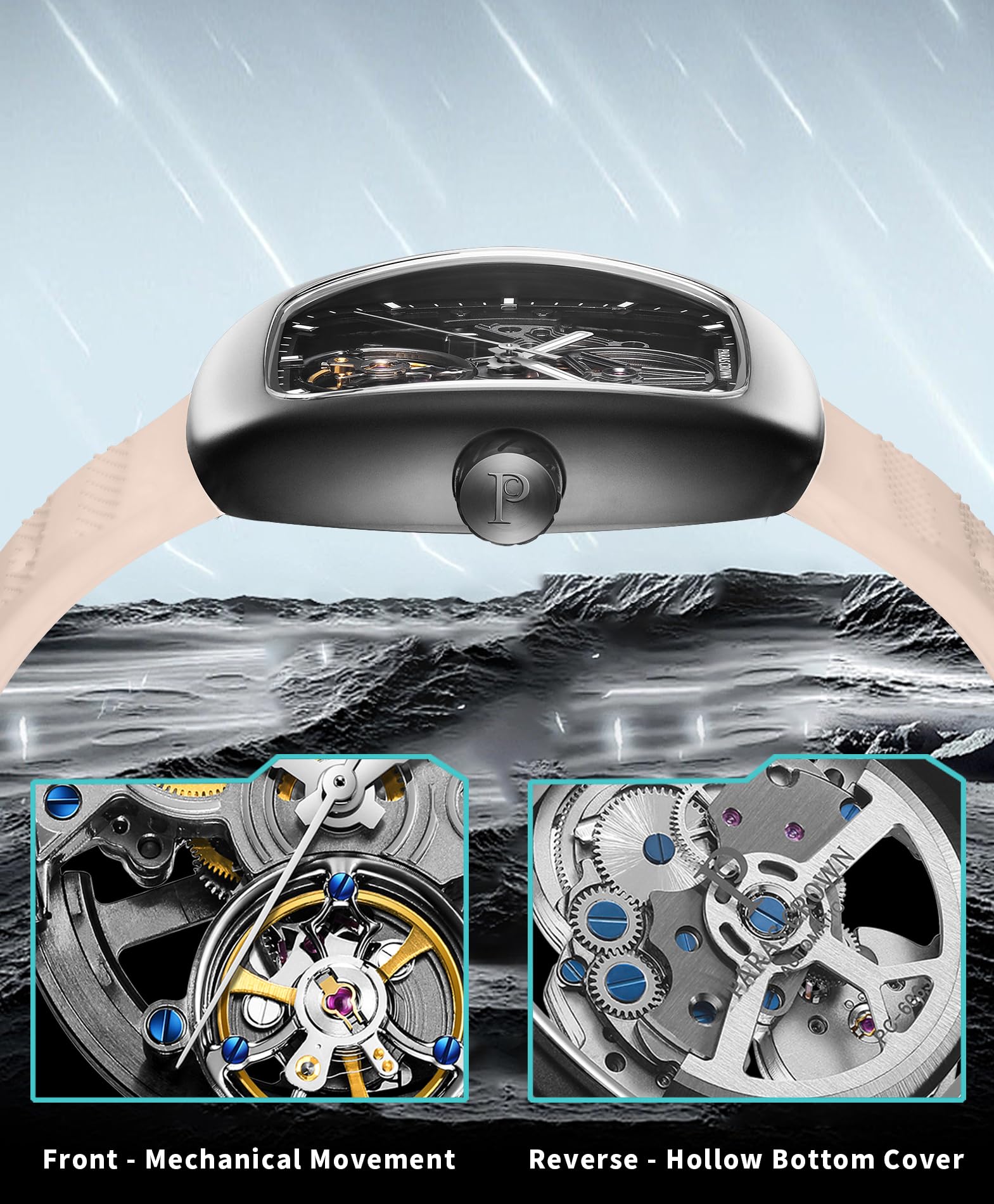 Paras Crown Uhren Herren Automatikuhr mit Automatikwerk – Uhr für Herren, Silikonarmband, 5ATM wasserdicht & Leuchtzeiger Armband Uhr