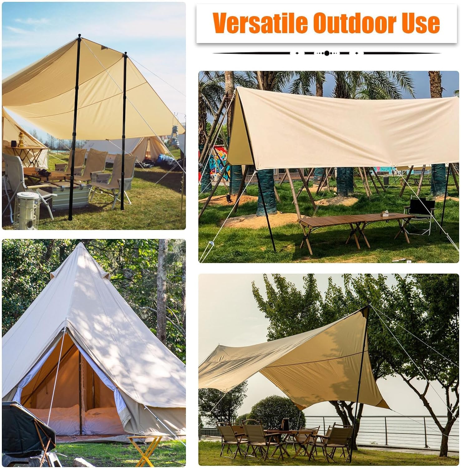 AYAMAYA Lot de 4 poteaux de bâche télescopiques de Rechange pour Tente de Camping, tiges en Aluminium Robuste à 4 Sections améliorées avec piquets et haubans pour tentes, abri de Pluie, abri de