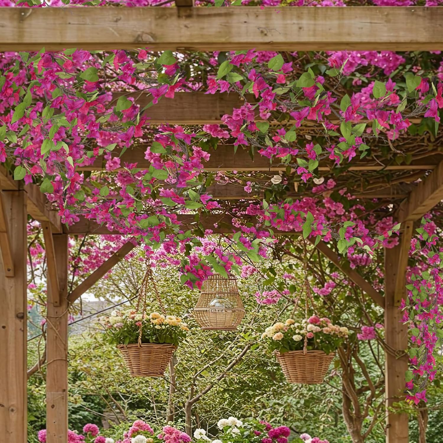 Artificial Bougainvillea Flowers Garland Fuchsia Silk Bougainvillea Vines UV Resistant Realistic Faux Hanging Flowers Plants for Outdoor Outside Summer Decoration Porch Patio Balcony Yard Wall - Image 5