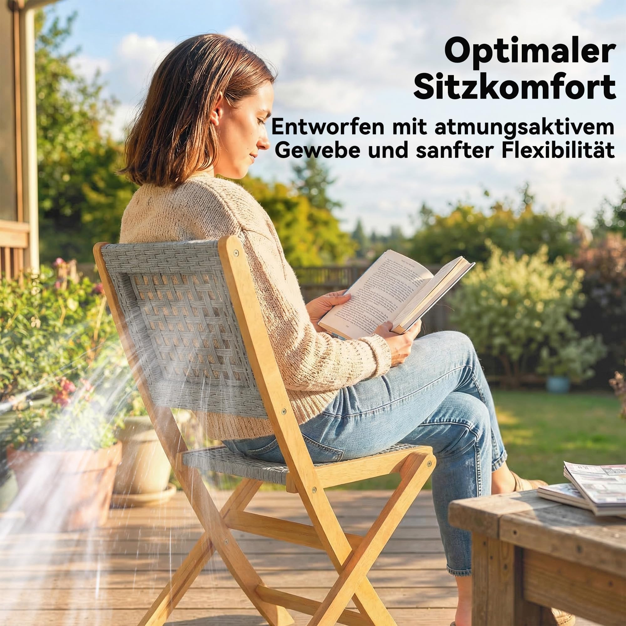 Outsunny Gartenstühle 2 Stück FSC Akazienholz Klappstuhl mit Atmungsaktiv Sitz angenehme Sitzhöhe, Gartensessel aus Massivholz & Polyrattan Balkonstühle Stuhlset für Garten Balkon Terrasse Grau