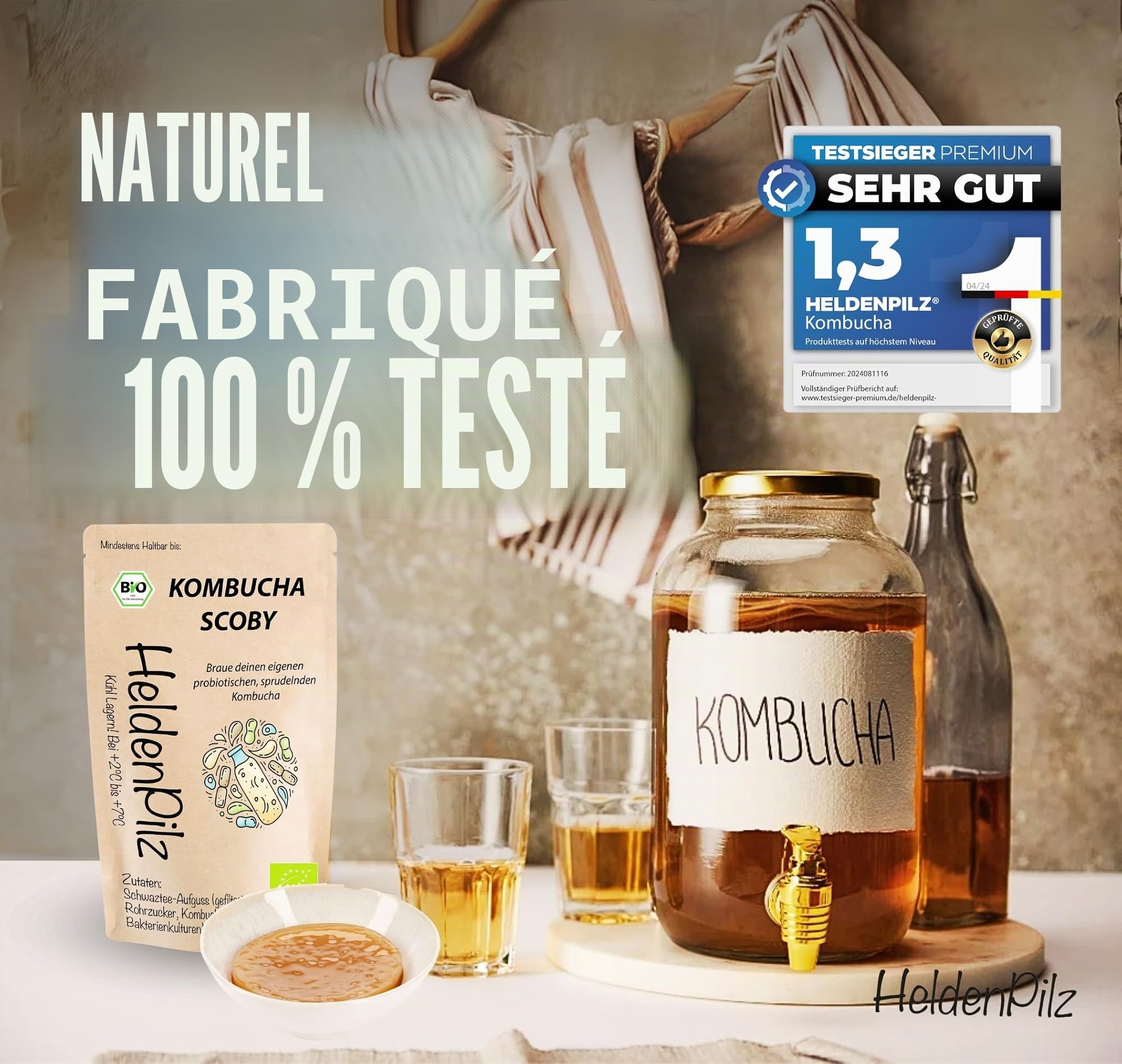 HeldenPilz® Champignon à thé bio Kombucha - Scoby vital et puissant avec liquide de racine | Pour 6 l de kombucha | Garantie de succès | 100 % naturel, durable