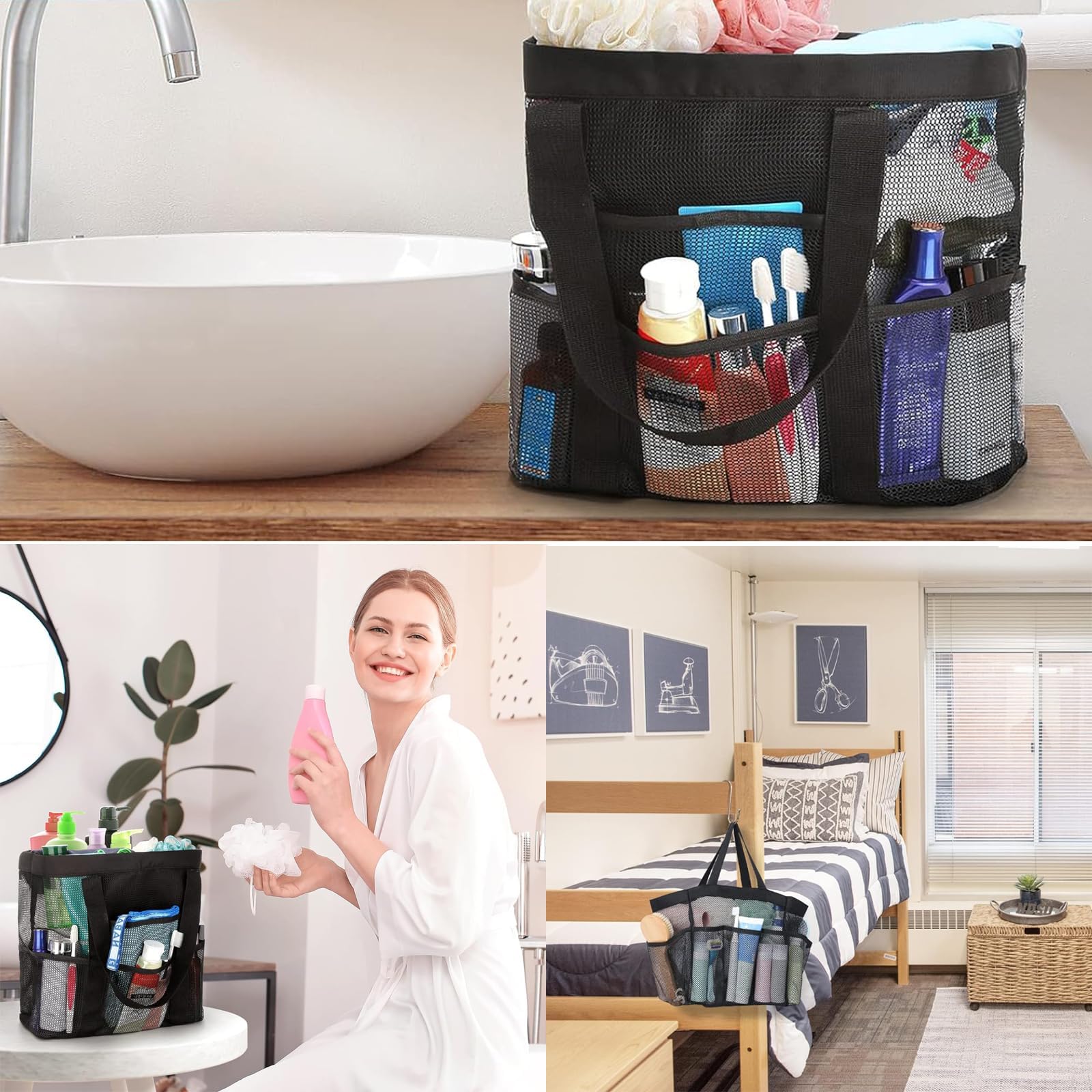 Shower Bag, Portable Mesh Shower Bag, Foldable Quick Dry Beach Bag Mesh, With 8 Pockets For, Suitable For Gyms, Travel, Shower, Swimming, Beaches, And Summer Camps, Etc(Black) - Image 4