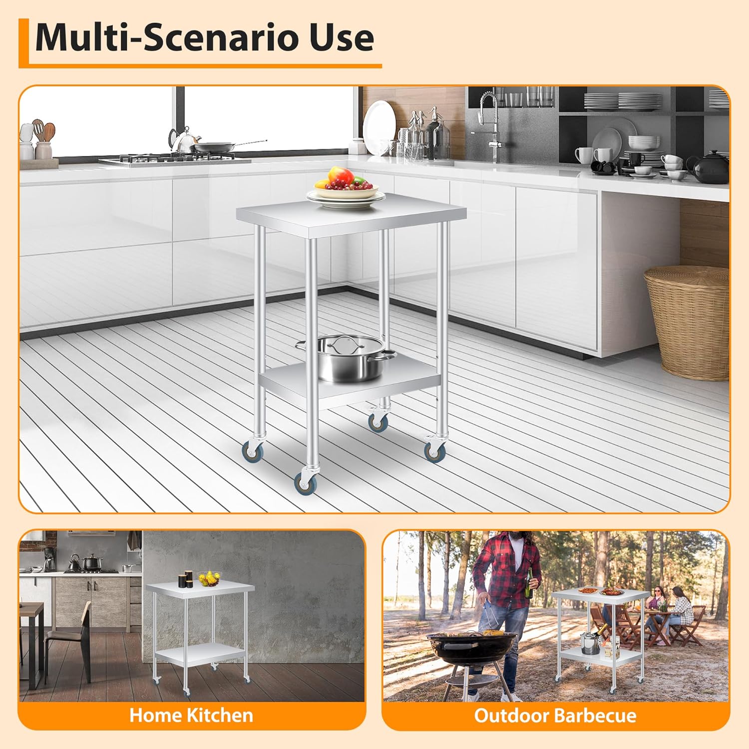 14x24x35 Inch Stainless Steel Utility Table with Wheels, Double Shelf Rolling Cart for Kitchen Restaurant Office Commercial Use